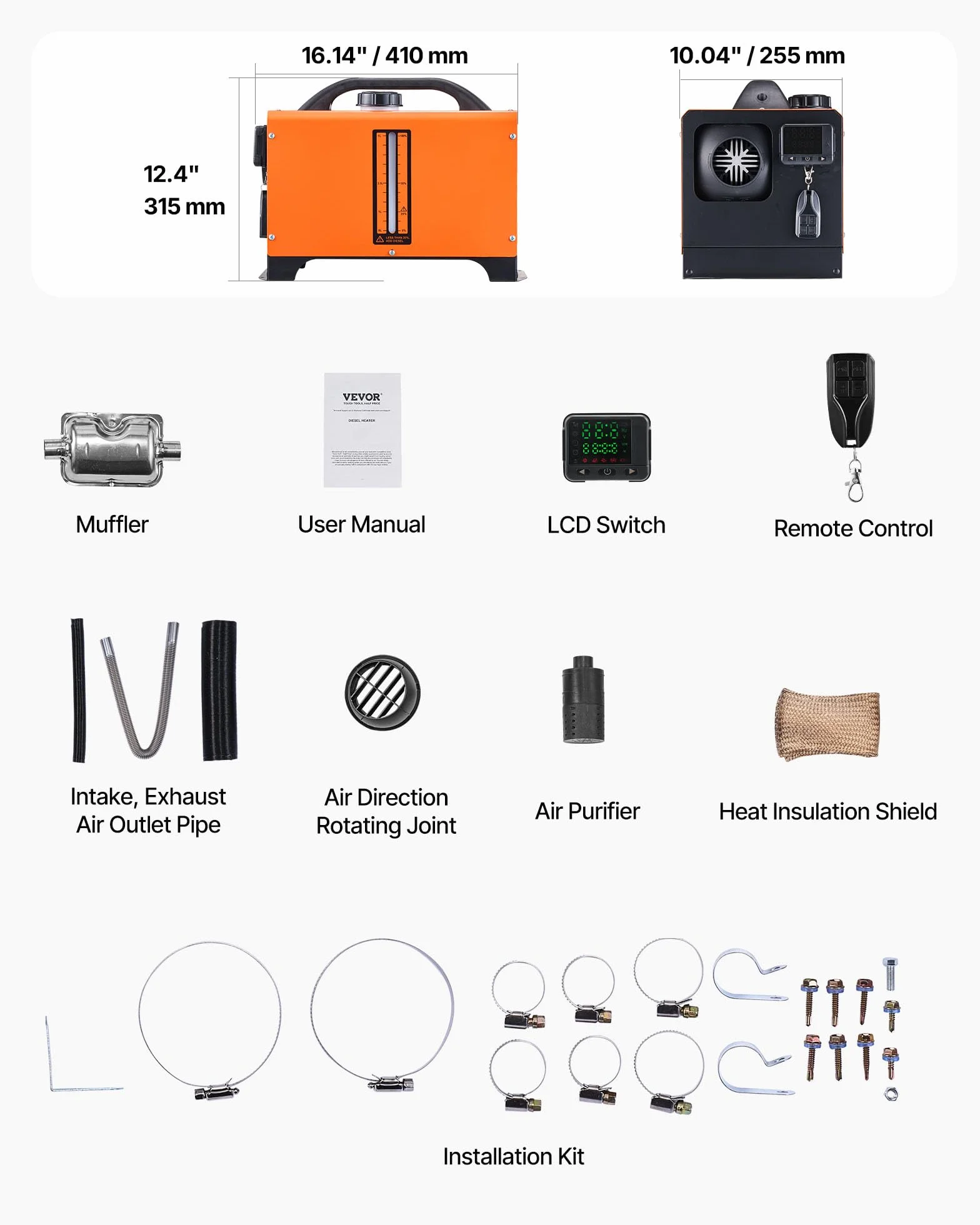 VEVOR Przenośny podgrzewacz oleju napędowego All-In-One 12 V 8 kW, podgrzewacz powietrza na olej napędowy, 0,16-0,62 l/h 8-36℃, regulowany 20-25 m², sterowanie LCD i pilot zdalnego sterowania zbiornik