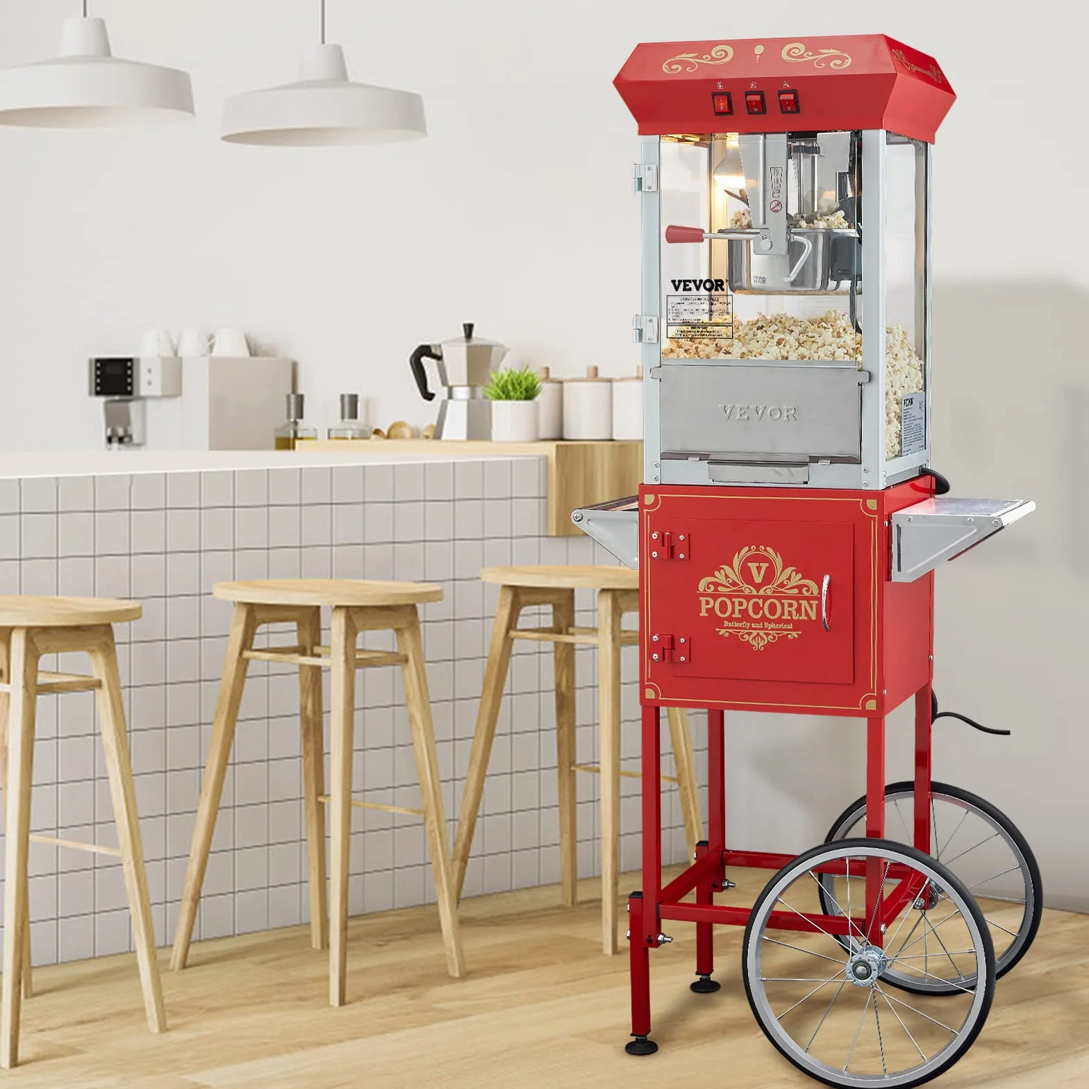 VEVOR Maszyna do popcornu z wózkiem 850 W, czajnik elektryczny 0,22 kg, 48 filiżanek, szkło hartowane