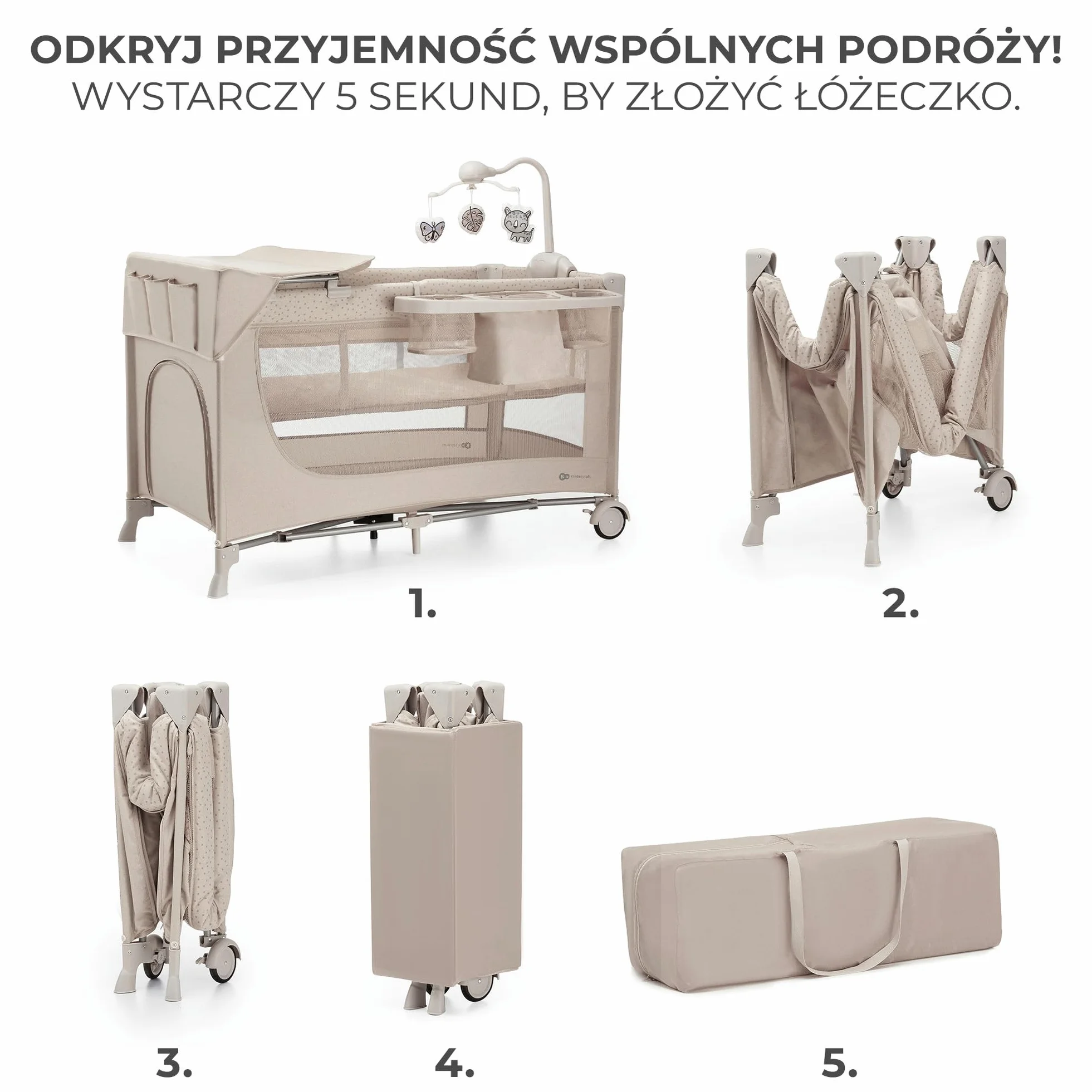 Kinderkraft JOY ACC 2 Łóżeczko turystyczne 3 w 1, Boczne wejście, Beżowy