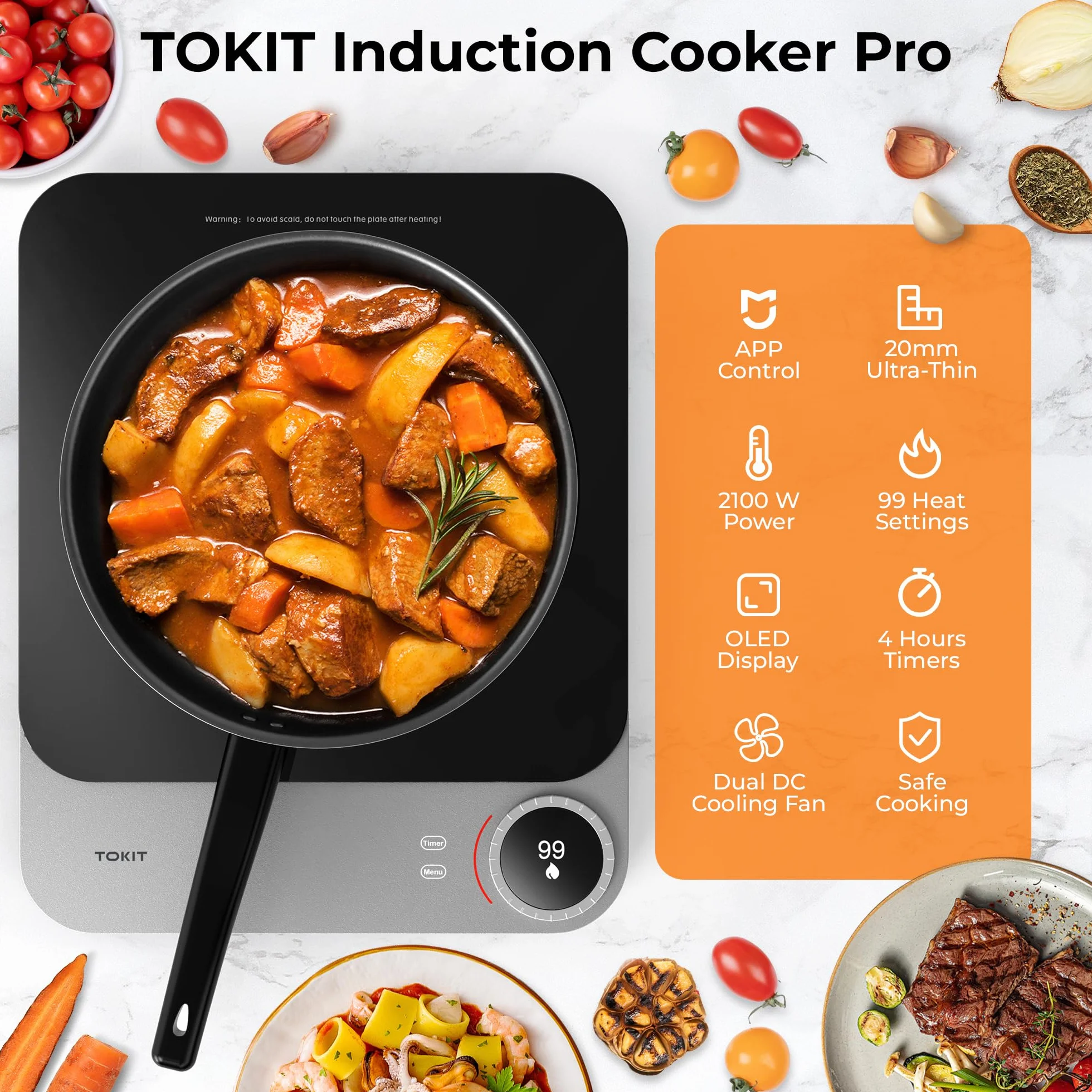 TOKIT Przenośna płyta indukcyjna - ultra cienka elektryczna, 99 poziomów mocy 2100 W, Xiaomi Home App sterowanie ręczne i dostosowywanie trybu gotowania na kemping kuchnia