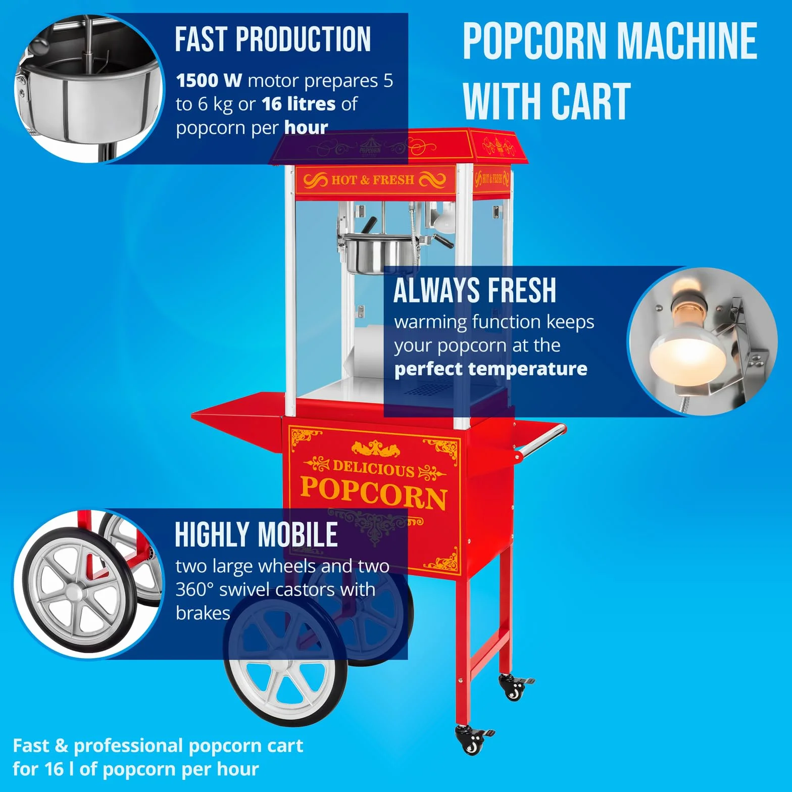 Royal Catering Profesjonalna maszyna do popcornu (1500 W, 5kg/godz./16l/h, garnek ø 18,5 cm, powłoka nieprzywierająca, mobilne) profesjonalne urządzenie popcorn z wózkiem