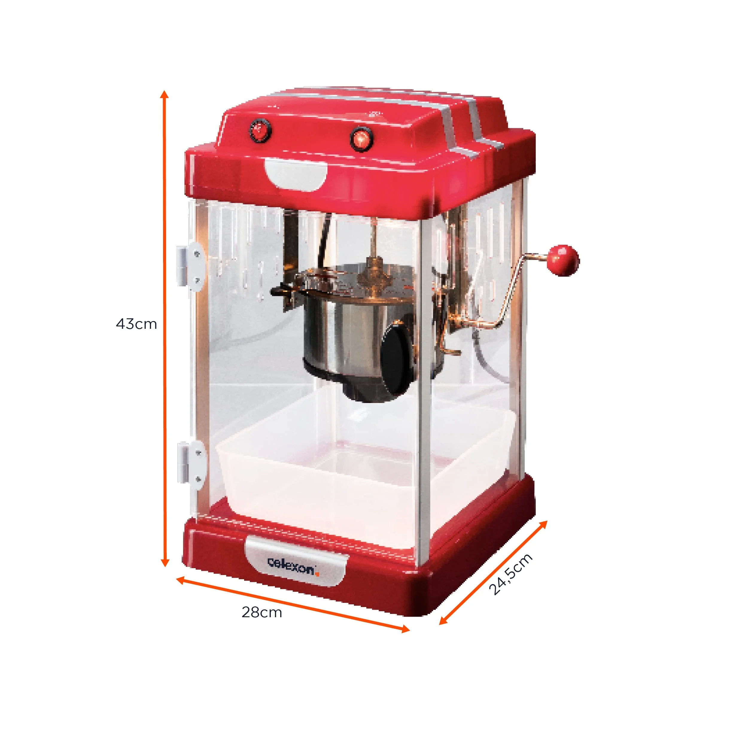 celexon CinePop CP1000 maszyna do popcornu – 24,5 x 28 x 43 cm – czerwony retro/kinowy design – czajnik ze stali nierdzewnej – urządzenie do robienia popcornu z wbudowanym mieszadłem