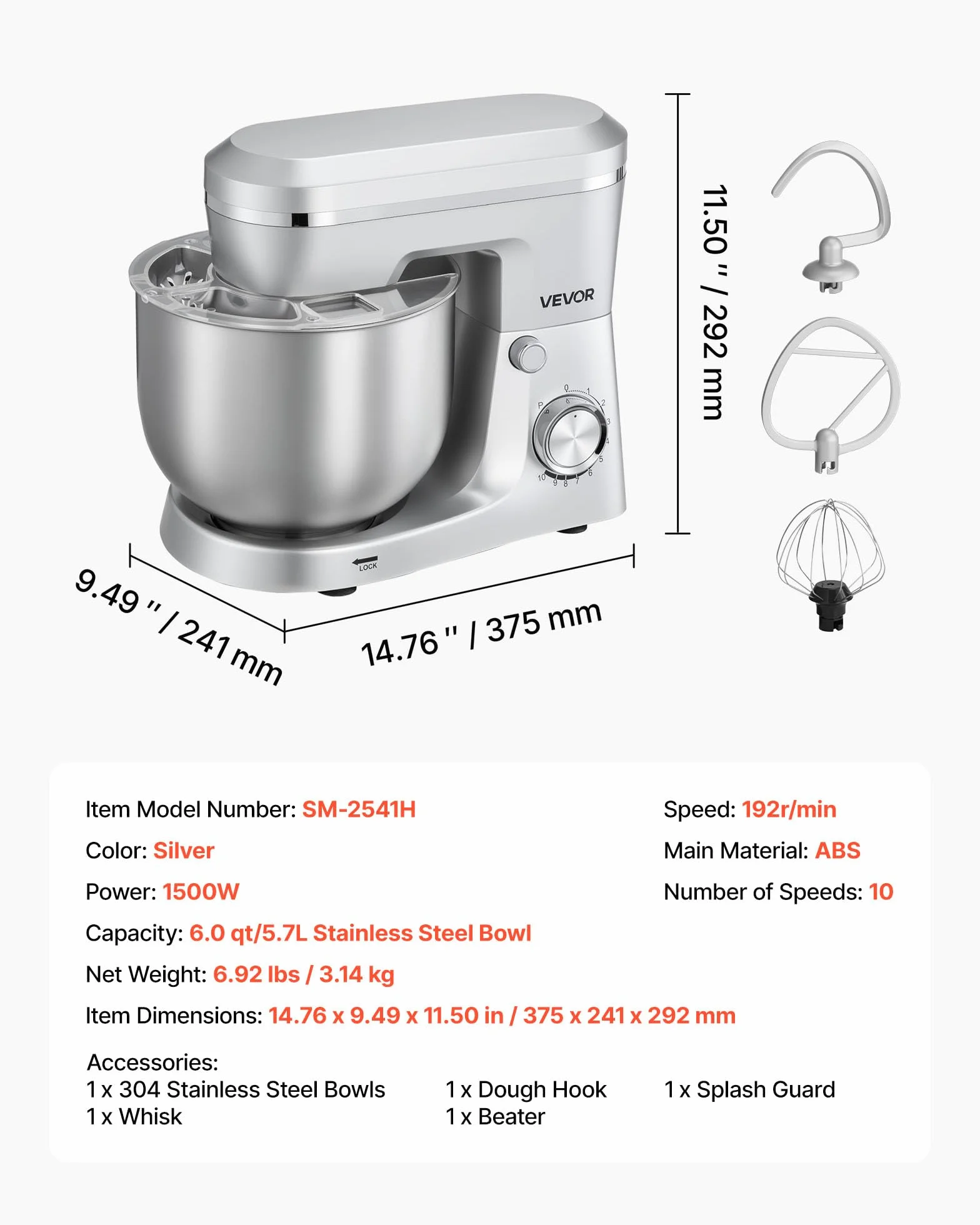VEVOR Regulowany blender stojący robot kuchenny 1500 W 5,7 l stal nierdzewna 10 prędkości