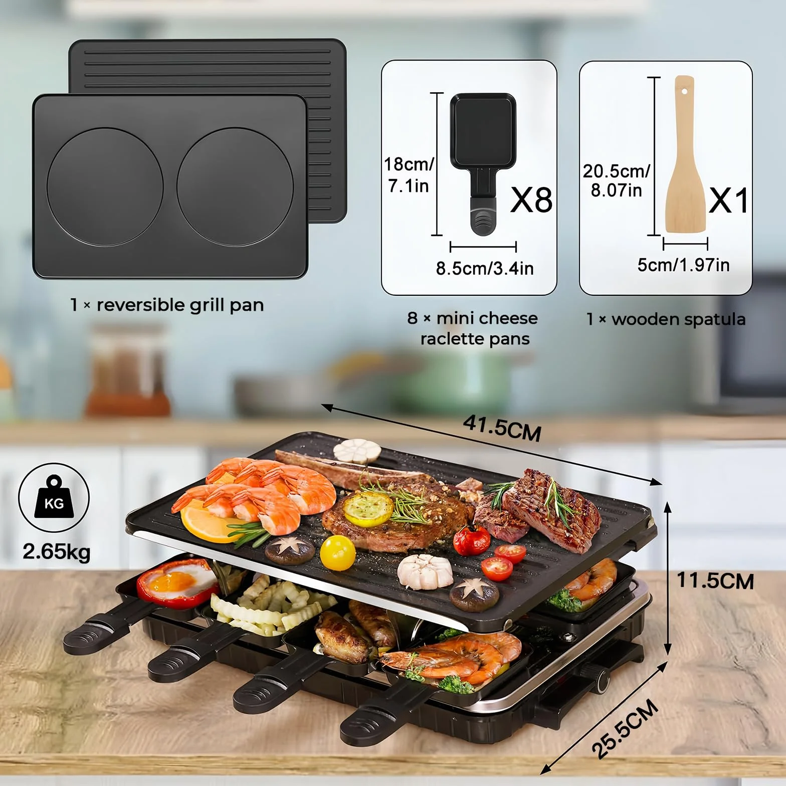 Elektryczny grill raclette 1300W dla 8 osób z powłoką nieprzywierającą, 8 mini patelniami i łopatką
