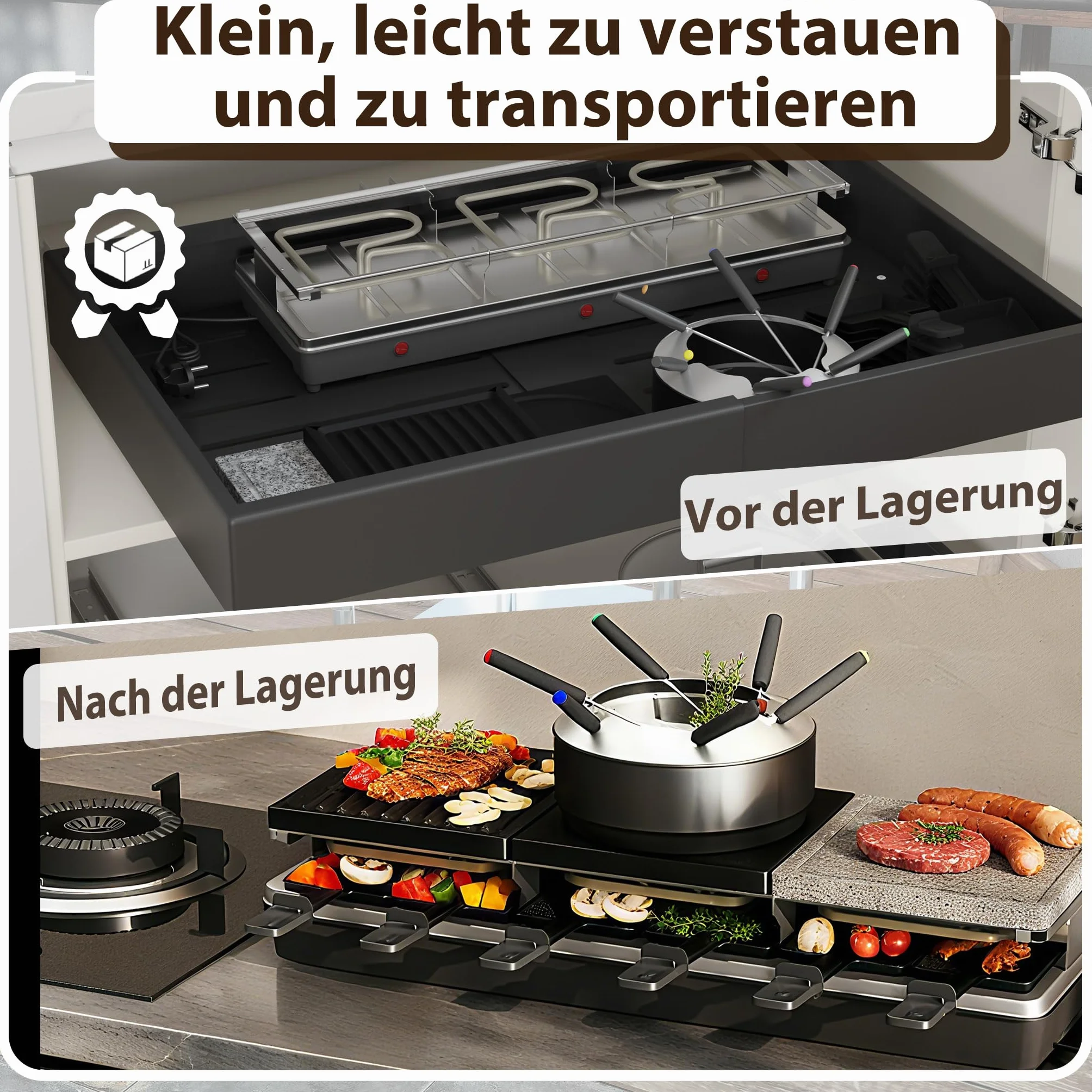 UISEBRT Grill do raclette dla 12 osób 3 w 1 z patelniami, zestawem do fondue, gorącym kamieniem, płyta grillowa z powłoką zapobiegającą