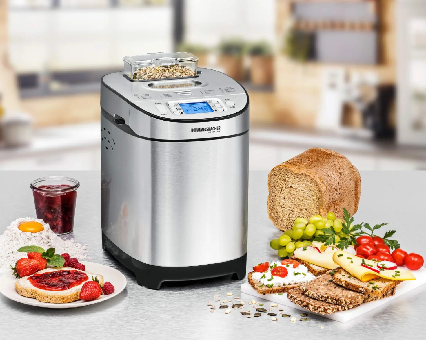 ROMMELSBACHER Automat do pieczenia chleba BA 550 – 13 programów, automatyczny pojemnik na składniki, 2 rozmiary chleba (700 g/900 g), regulowany stopień opiekania na 3 poziomach, również do chleba bez glutenu, stal nierdzewna/czarny