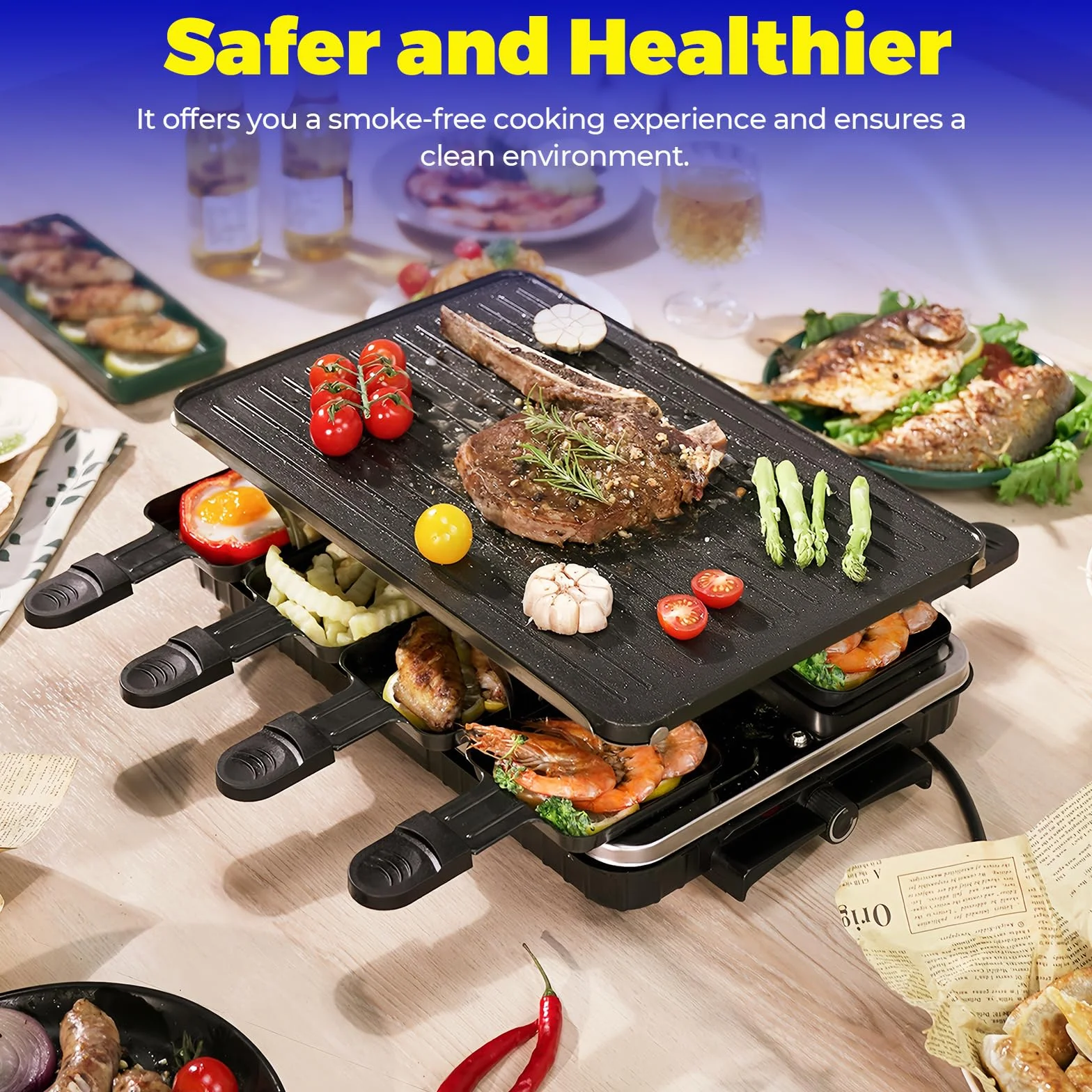 Elektryczny grill raclette 1300W dla 8 osób z powłoką nieprzywierającą, 8 mini patelniami i łopatką