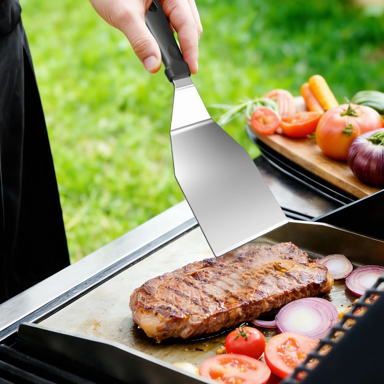 Plancha płyta grillowa ze stali nierdzewnej, 40 x 30 cm, duża płyta grillowa Plancha ze stali nierdzewnej z 2 szpatułkami do grilla gazowego i węglowego