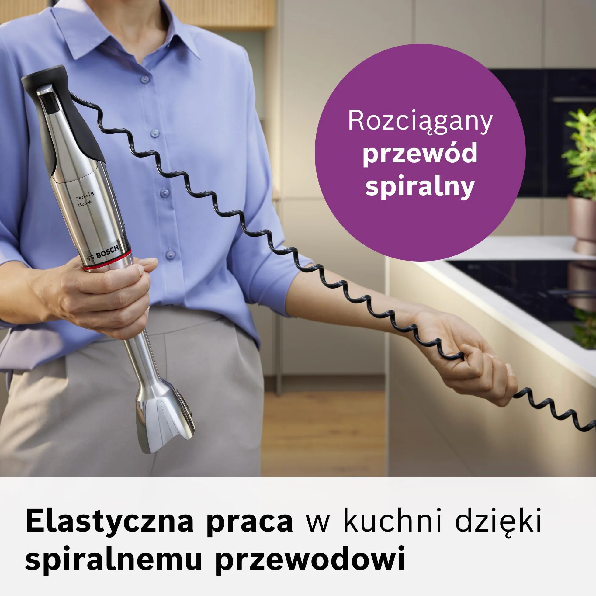 Bosch, blender ręczny, ErgoMaster Serie 8, silnik 1500 W, intuicyjna regulacja prędkości, 6-ramienne ostrze, akcesoria w zestawie, stal nierdzewna, MSM8M930