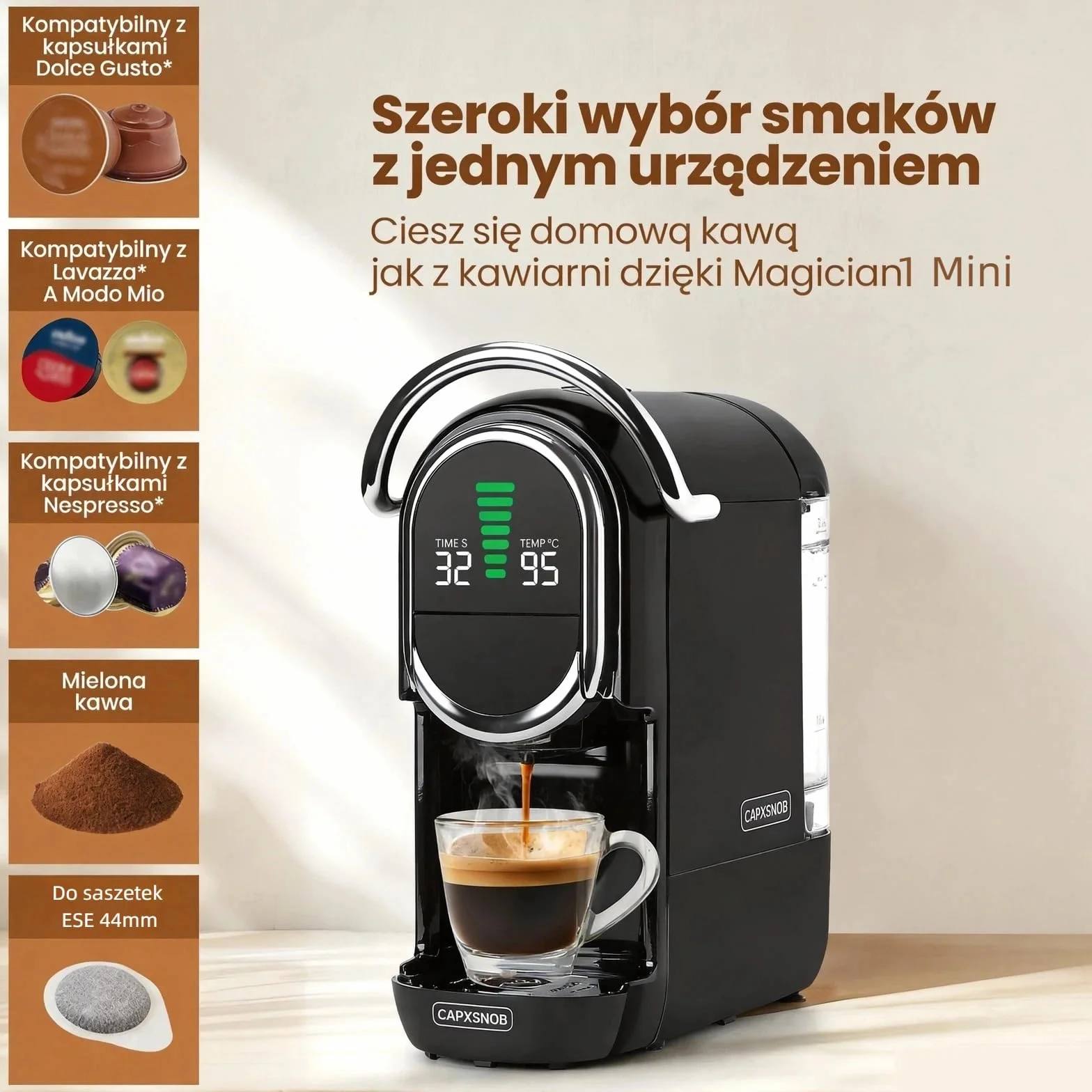 Magician1 Mini Ekspres do kawy 5 w 1, Nespresso, Dolce Gusto, Lavazza A Modo Mio, ESE 44mm, 20 Bar, 1450W