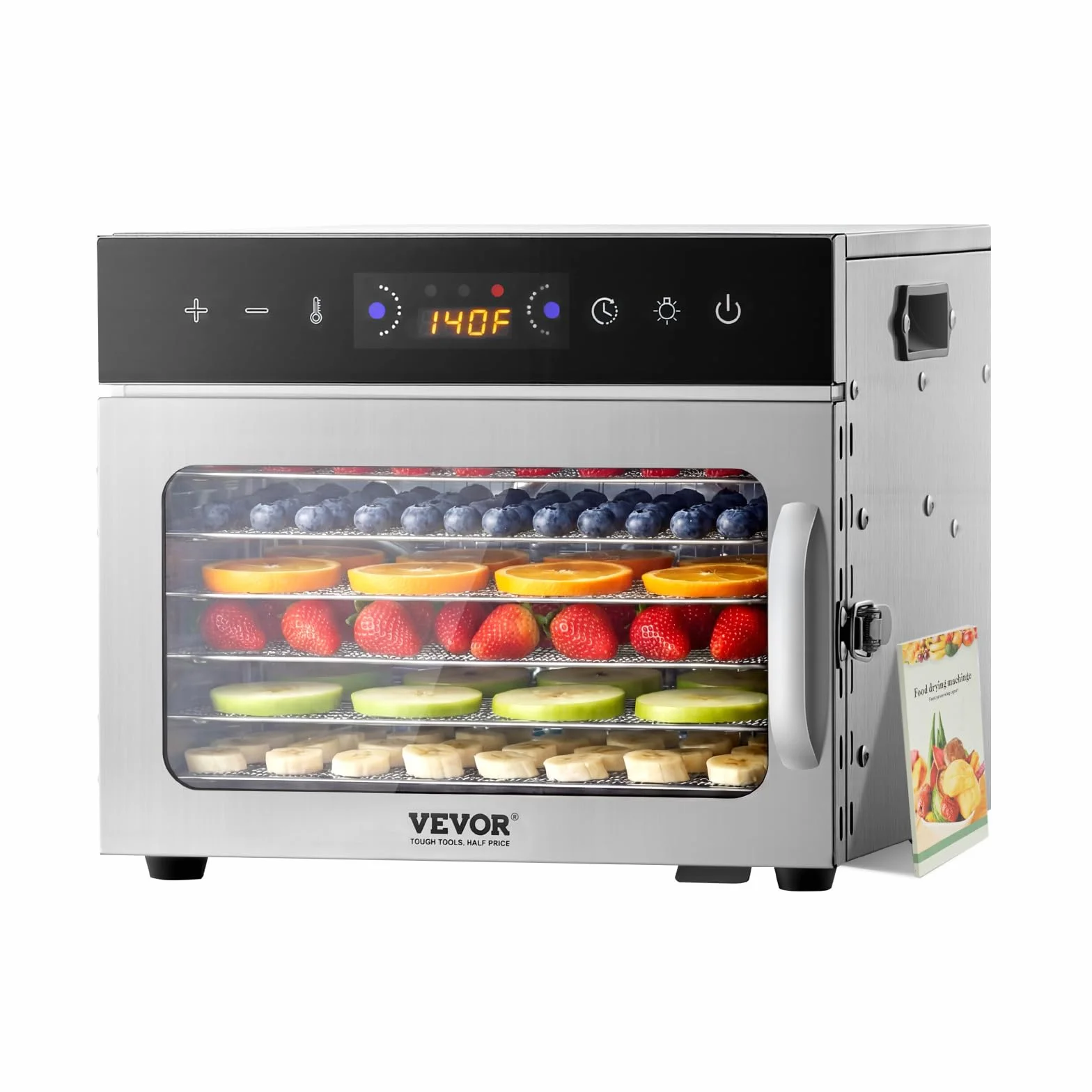 VEVOR Odwadniacz żywności 6 tacek ze stali nierdzewnej, elektryczna suszarka do żywności 400 W regulowana temperatura zegara, liofilizator do suszonego mięsa, owoców, warzyw, ziół