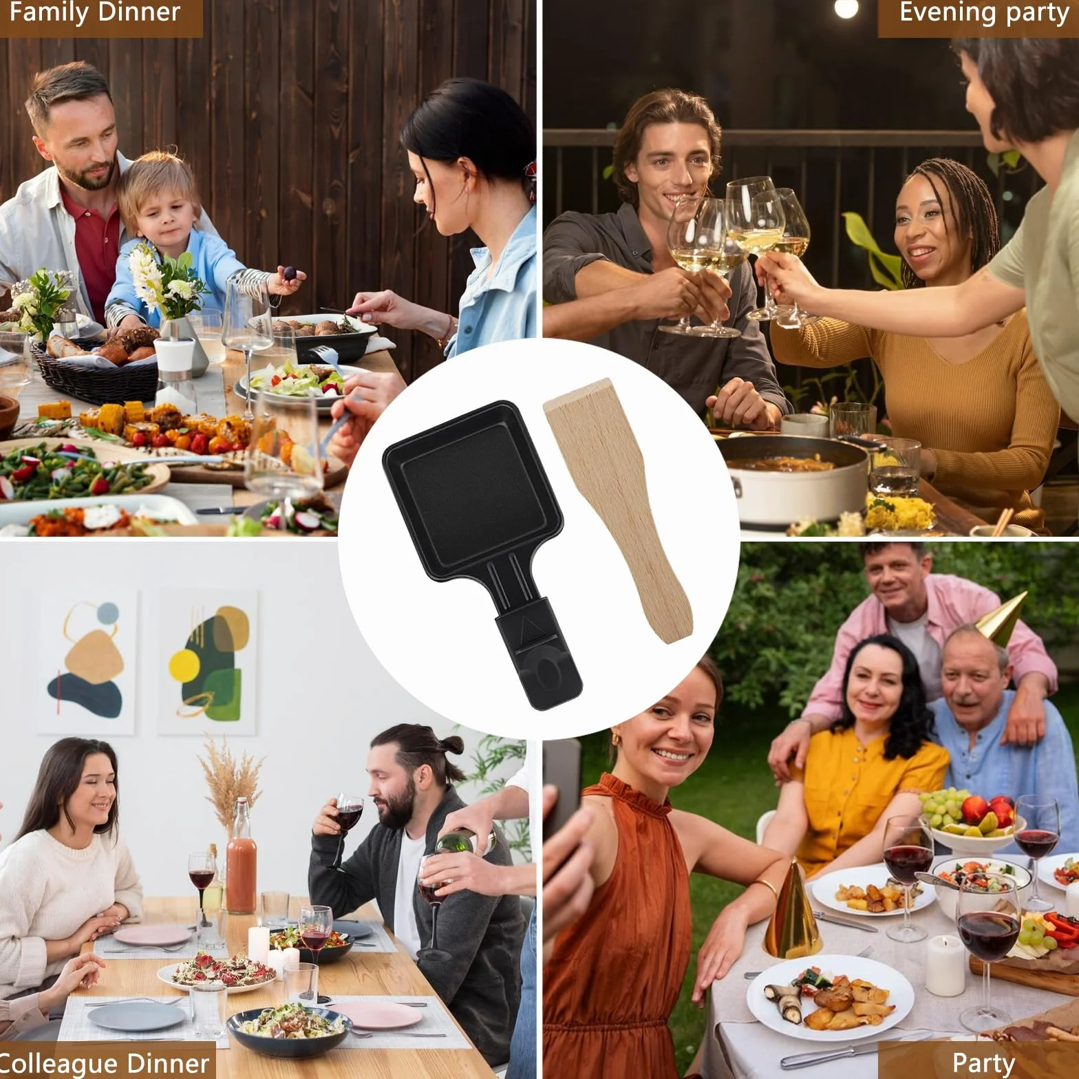 Zestaw 4 patelni raclette, zamienników patelni do raclette grill, z powłoką nieprzywierającą i 4 drewnianymi szpatułkami do grillowania serów, jaj