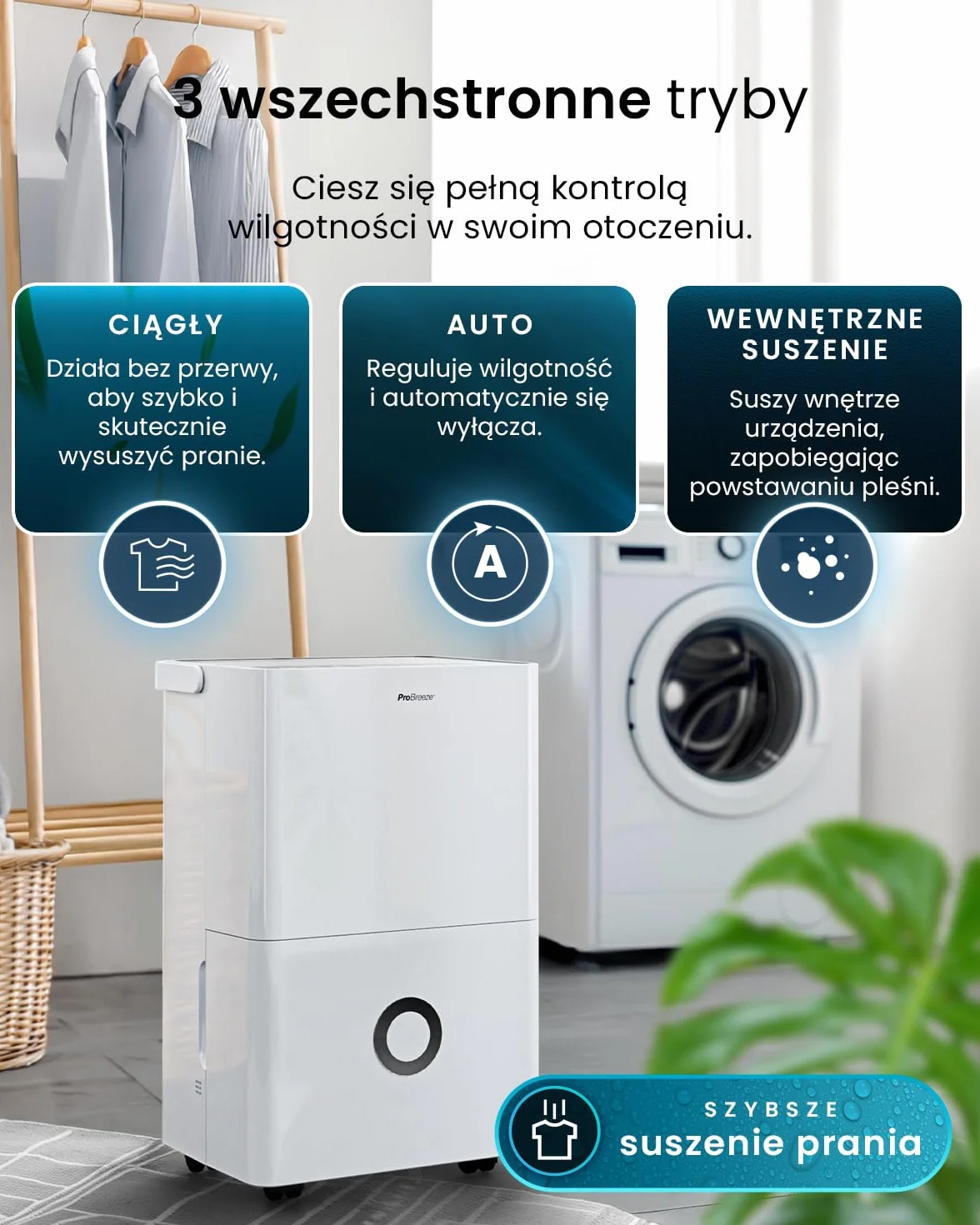 Osuszacz powietrza Pro Breeze 30 l/24 h z Wi-Fi, czujnik wilgotności, 4 l, timer