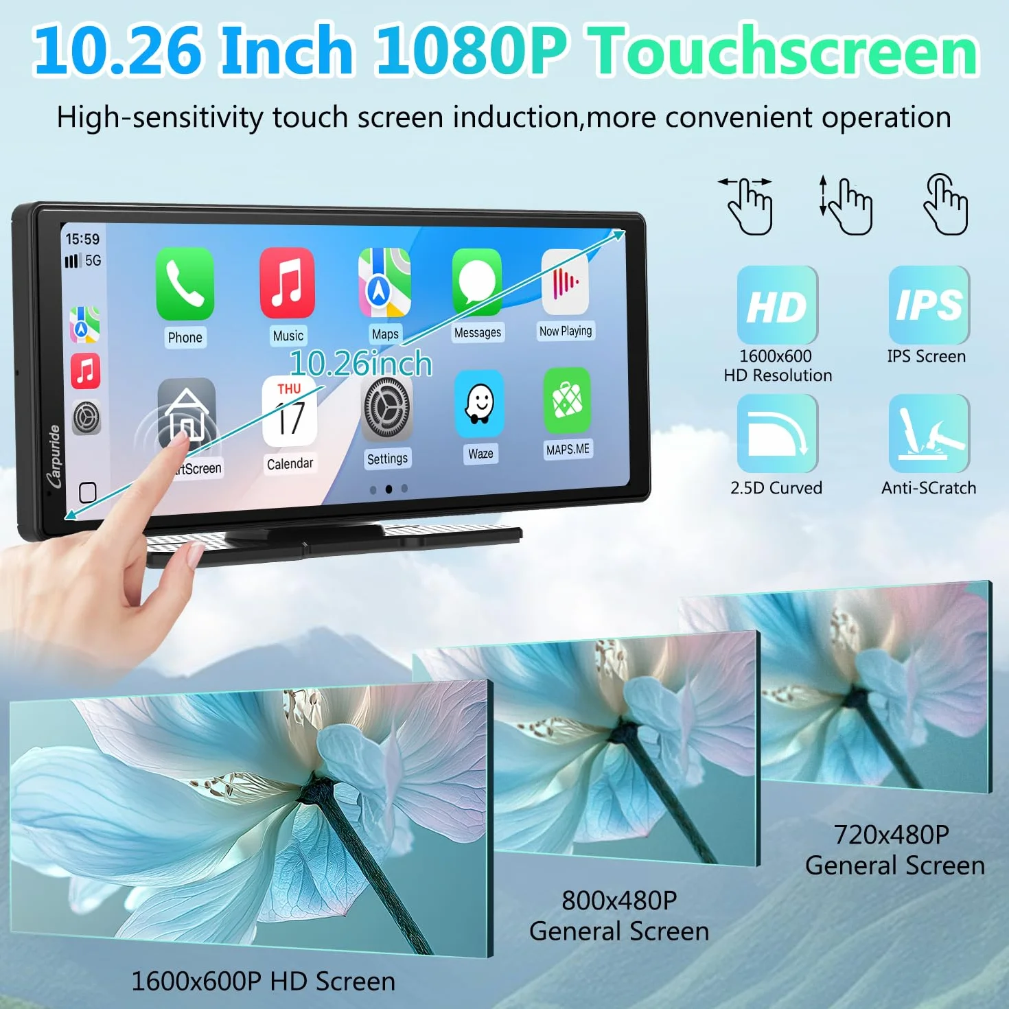 Carpuride V92 Przenośny samochodowy stereo, Bezprzewodowy Carplay i Android Auto, 10,26-calowe radio z ekranem dotykowym 1080P HD z BT 5.0, uchwyt na deskę rozdzielczą do samochodów ciężarowych