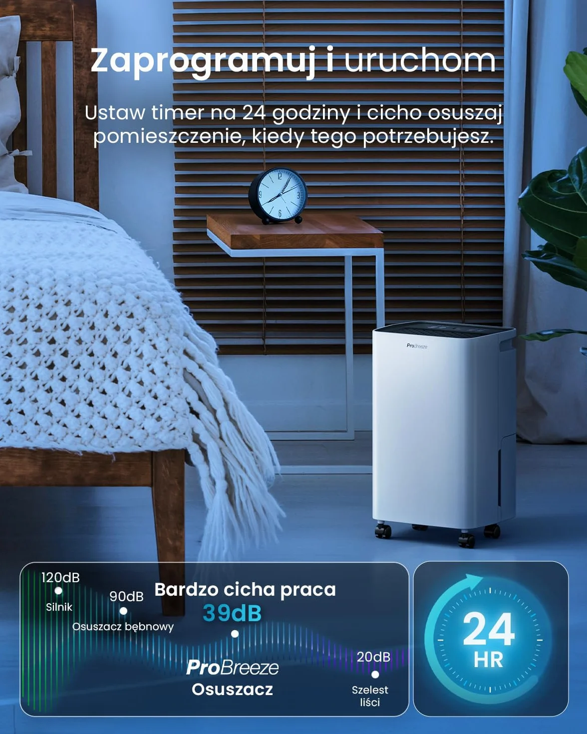 Osuszacz powietrza Pro Breeze 12 L z kompresorem, zbiornikiem 2 L, funkcją suszenia prania i automatycznym czujnikiem wilgotności, timer 24 h
