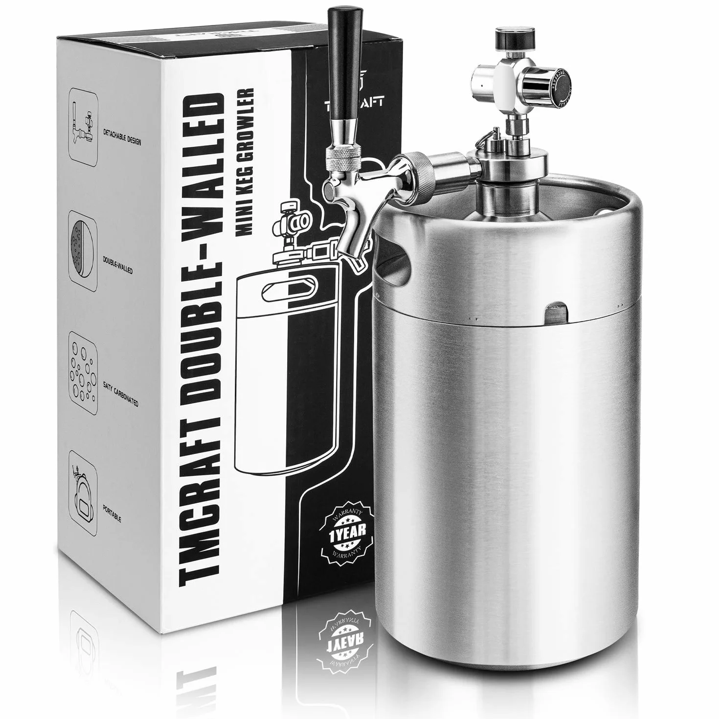 TMCRAFT Mini keg growler z podwójnymi ściankami, regulowany ciśnieniem, system dozowania piwa domowego ze zdejmowanym kranikiem i regulatorem, utrzymuje świeżość i węglowanie do piwa rzemieślniczego