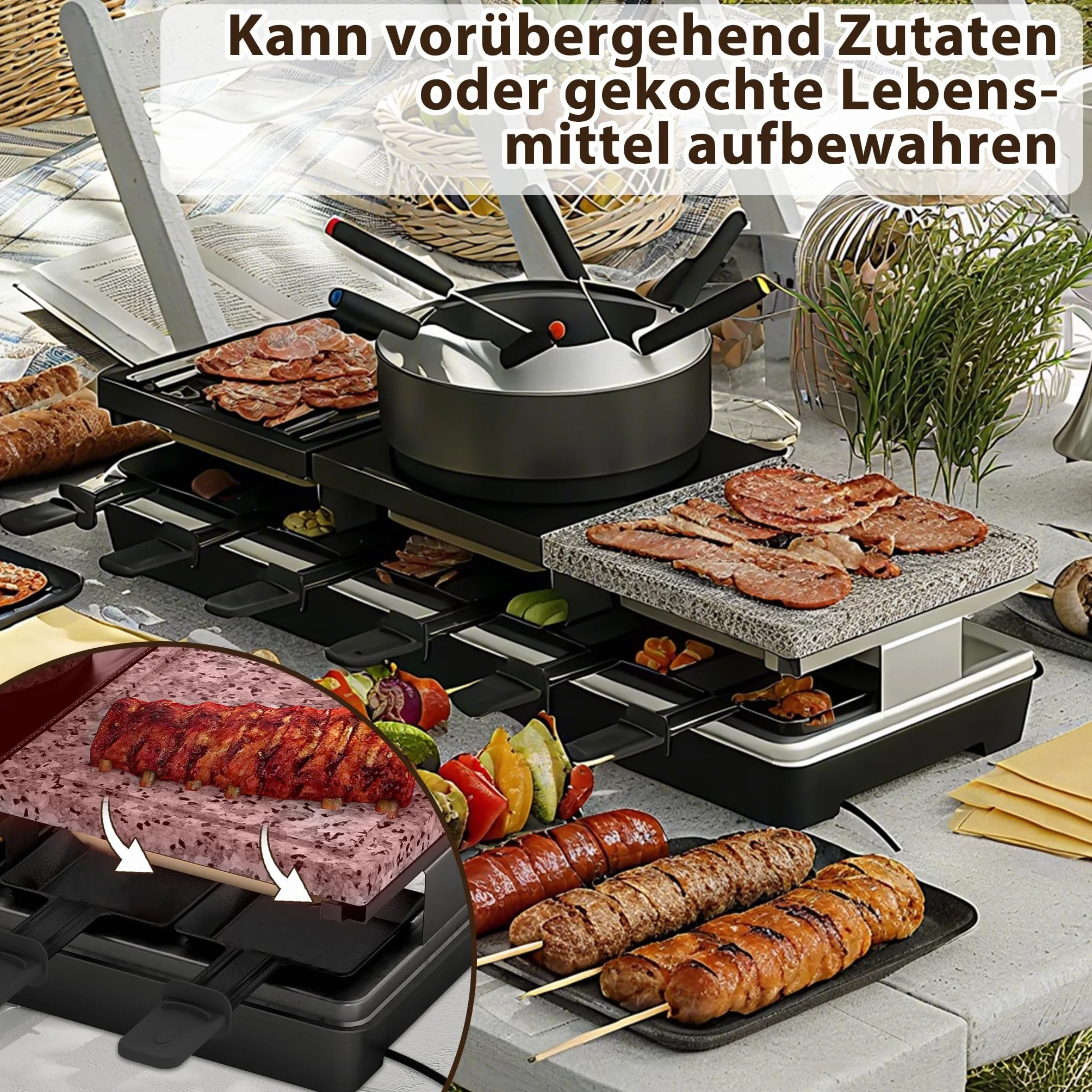 UISEBRT Grill do raclette dla 12 osób 3 w 1 z patelniami, zestawem do fondue, gorącym kamieniem, płyta grillowa z powłoką zapobiegającą