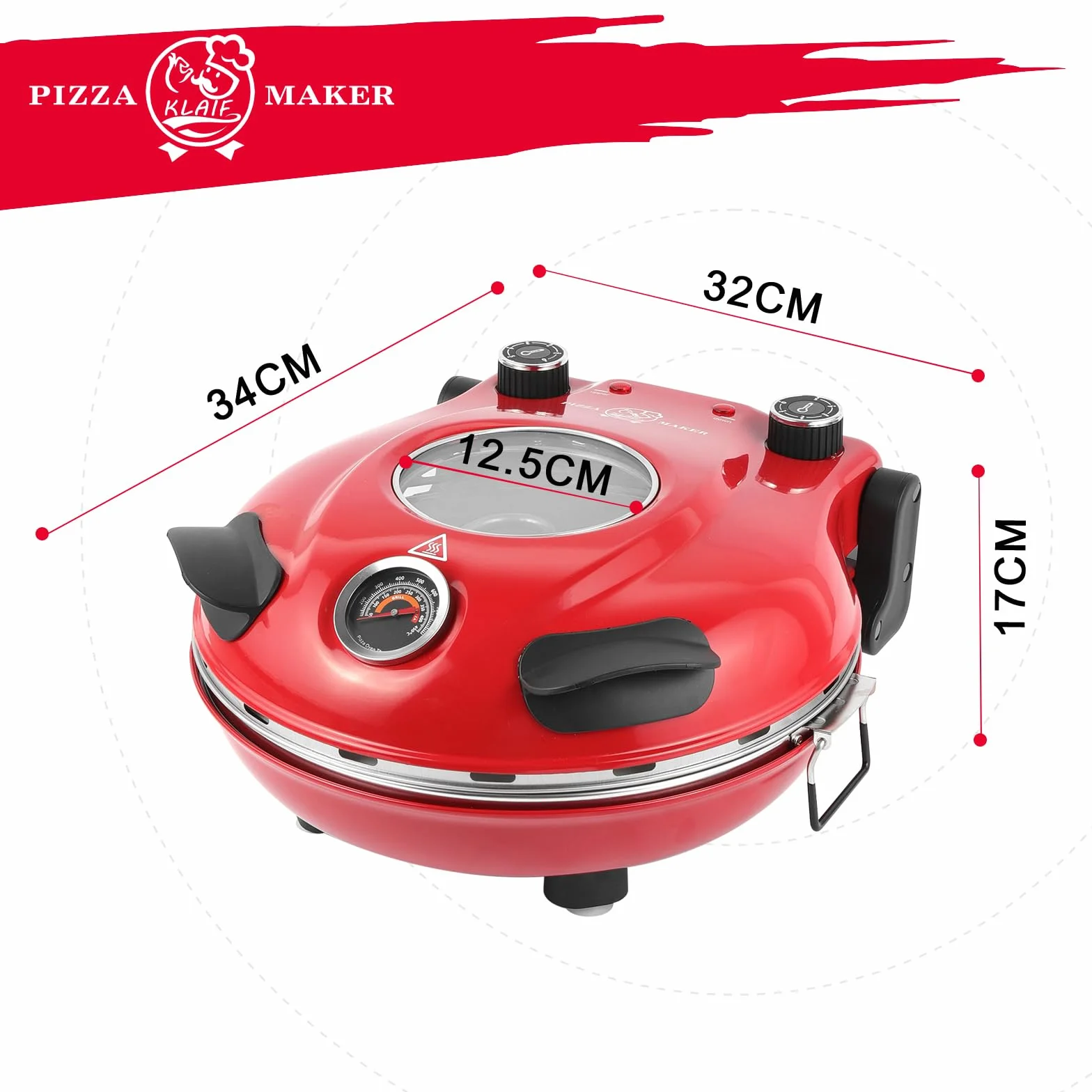 Klaif Elektryczny Piec do Pizzy, Termometr Widoczny & Szklane Okno, Ekspresowa 4-minutowa Piec do Pizzy z Kamieniem Ceramicznym 31cm, 5 Ustawień Temperatury (max 420°C), 1200W, LM-Czerwony
