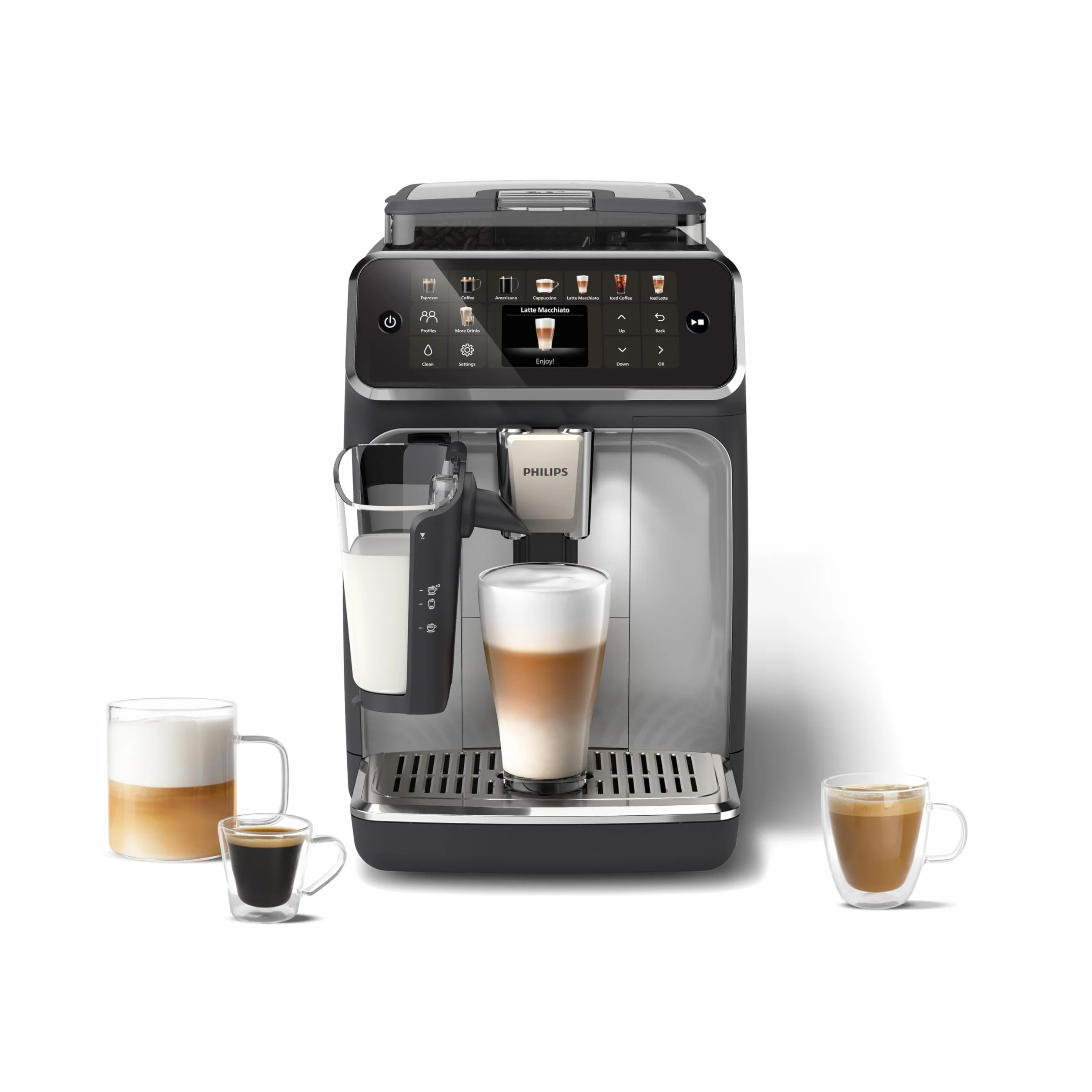 Philips w Pełni Automatyczny Ekspres do Kawy z Serii 5500-20 Kaw Gorących i Mrożonych, Szybki w Czyszczeniu System Mleczny LatteGo, Technologia SilentBrew, QuickStart Czarno-Srebrny (EP5546/70)