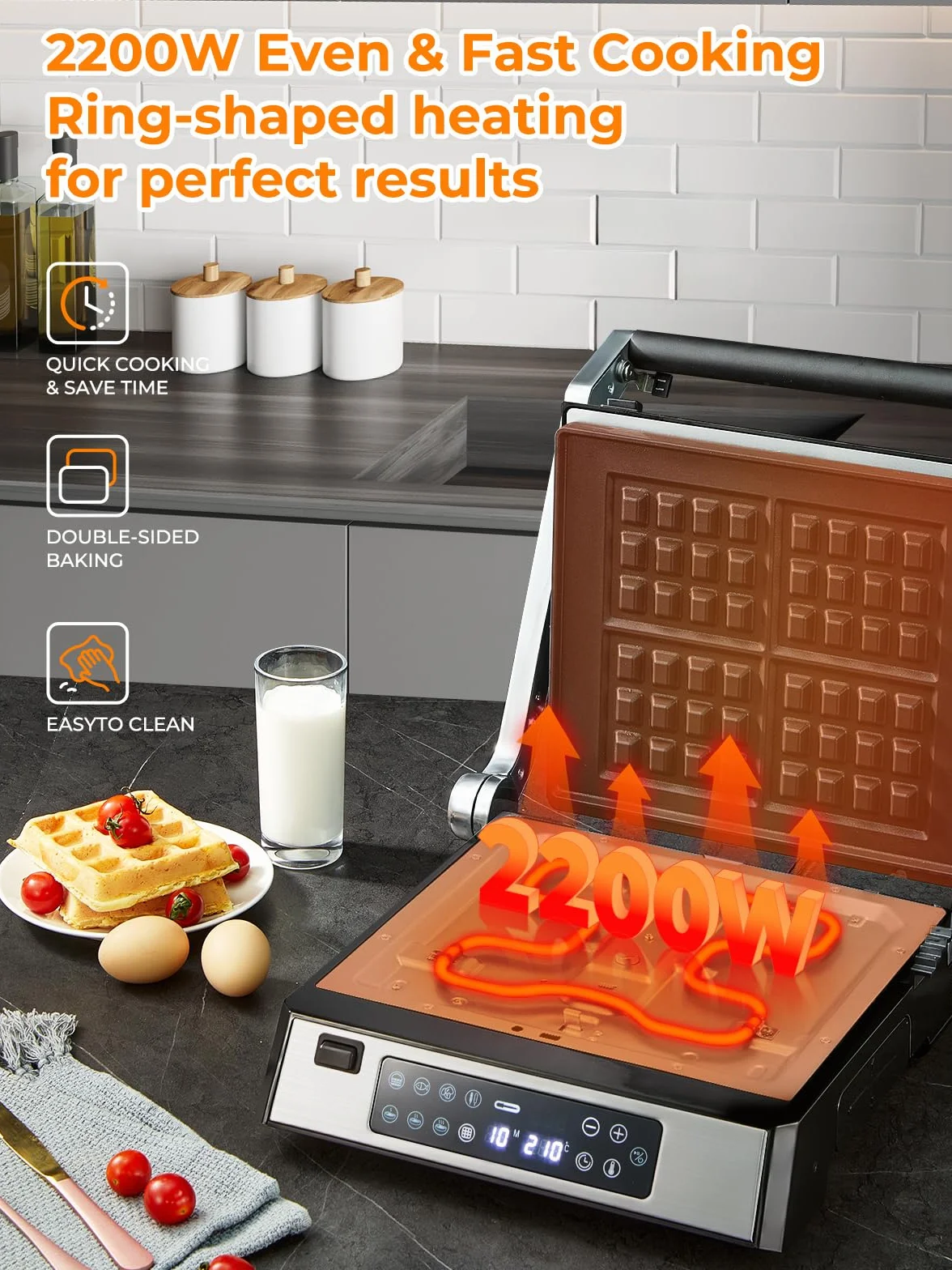 FOHERE Grill kontaktowy XL 4 w 1, opiekacz do kanapek i gofrownica 2200 W, z 4 zdejmowanymi płytami