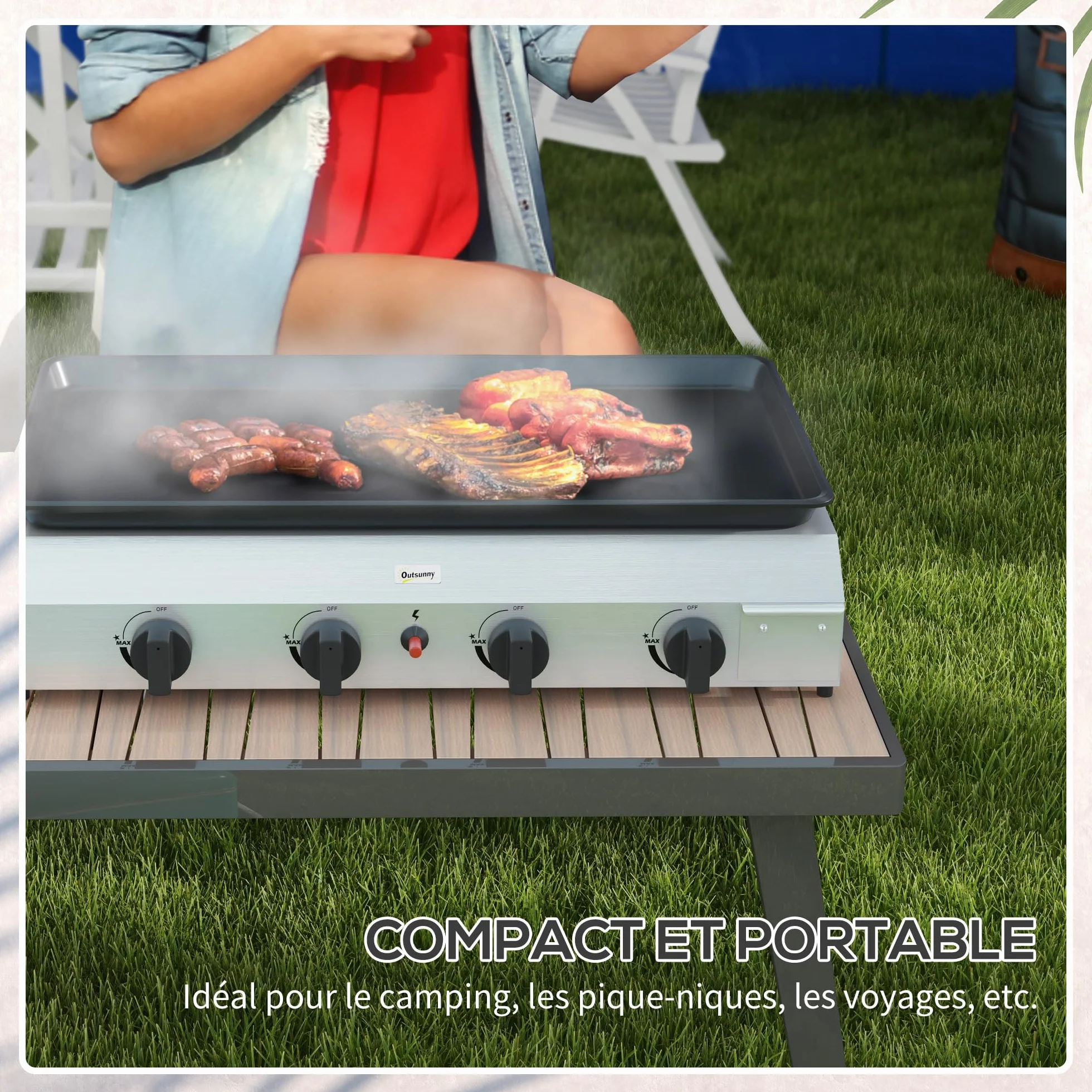 Outsunny Plancha gazowa ze stali nierdzewnej 4 palniki 9,6 kW nieprzywierająca 73x34 cm przenośna