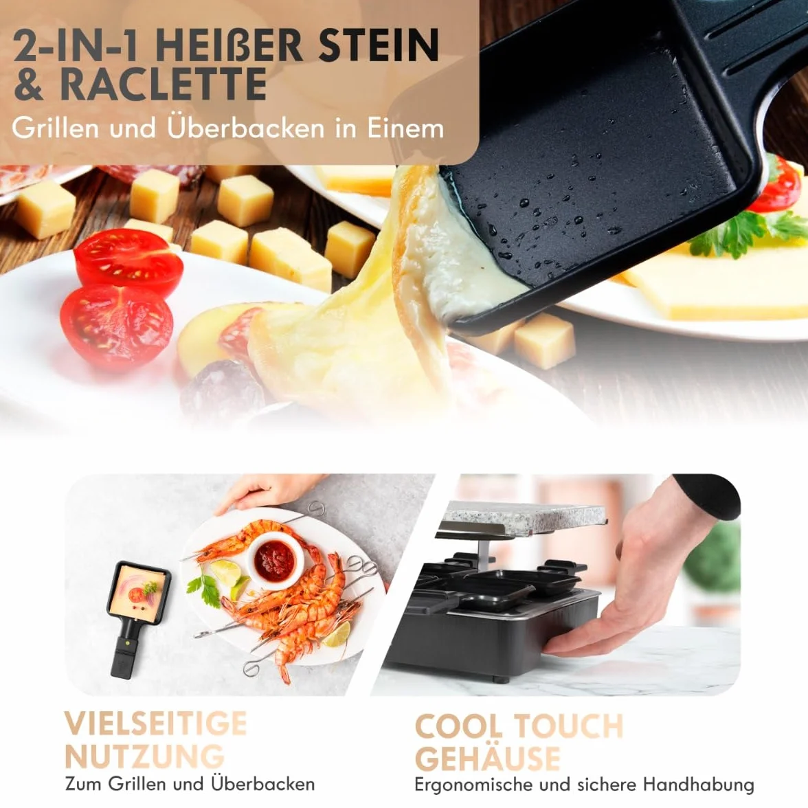 Clatronic RG 3518 Grill Raclette z Gorącym Kamieniem, Dwustronna Płyta, Czarny