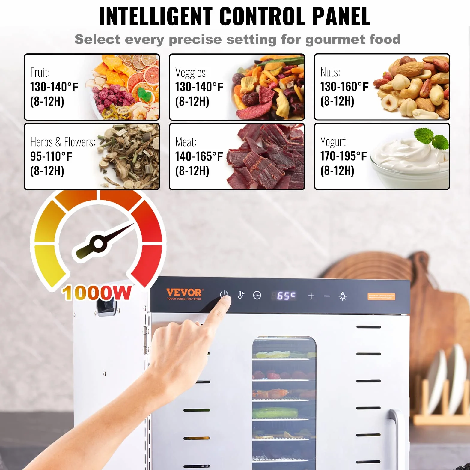 VEVOR Maszyna do odwadniania żywności 10 tacek ze stali nierdzewnej 1000 W Regulowana temperatura 30-90 °C Timer 0,5-48 h