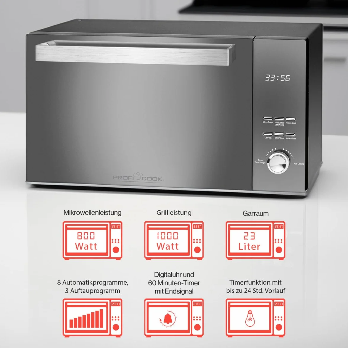 ProfiCook PC-MWG 1204 kuchenka mikrofalowa z grillem, pojemność 23 l, moc kuchenki mikrofalowej 800 W, moc grillowania 1000 W, podwójne przeszklone pionowe drzwi z wysokiej jakości uchwytem ze stali nierdzewnej, kolor czarny