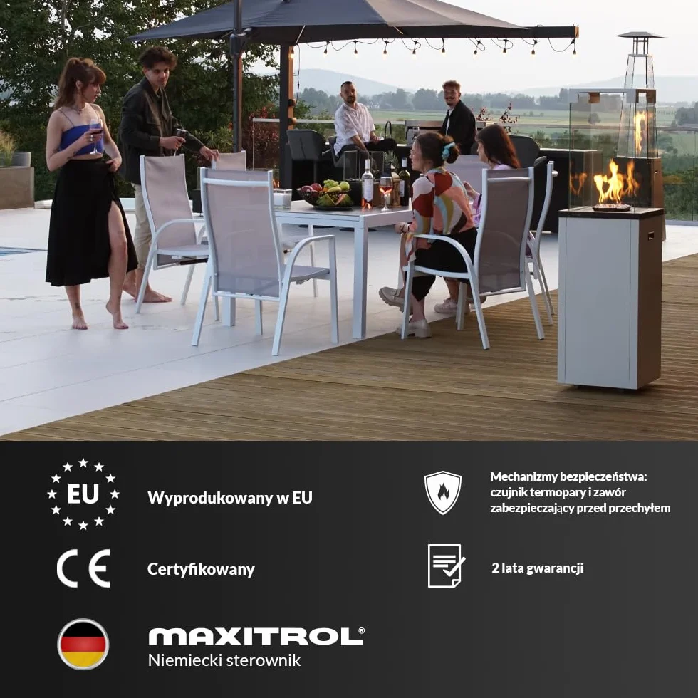 KRATKI tarasowy ogrzewacz gazowy Patio Light czarny 8,2 kW - Propan-Butan G30/37mbar - wydajny ogrzewacz zewnętrzny - łatwe sterowanie - kominek ogrodowy - zestaw z wężem i reduktorem