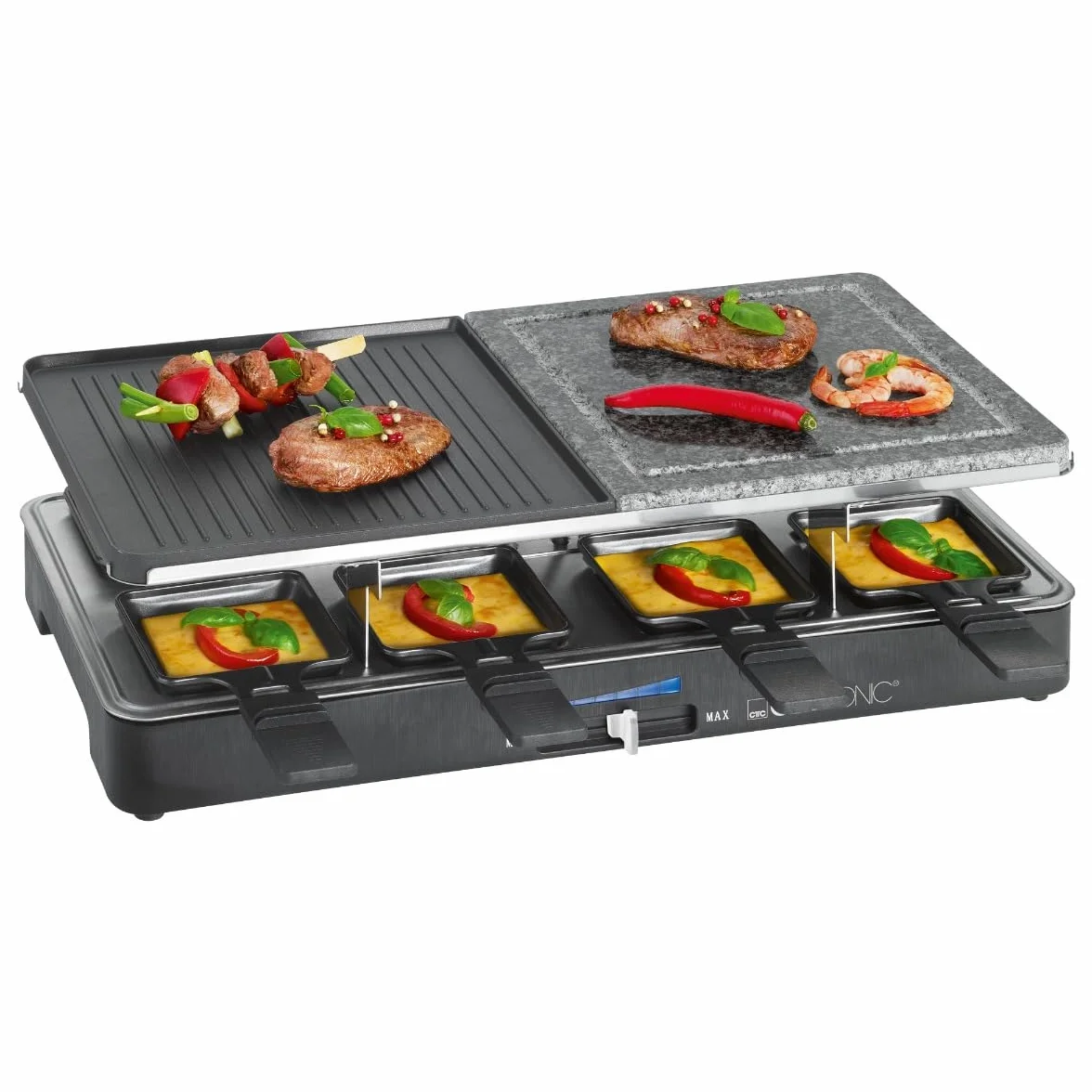 Clatronic RG 3518 Grill Raclette z Gorącym Kamieniem, Dwustronna Płyta, Czarny