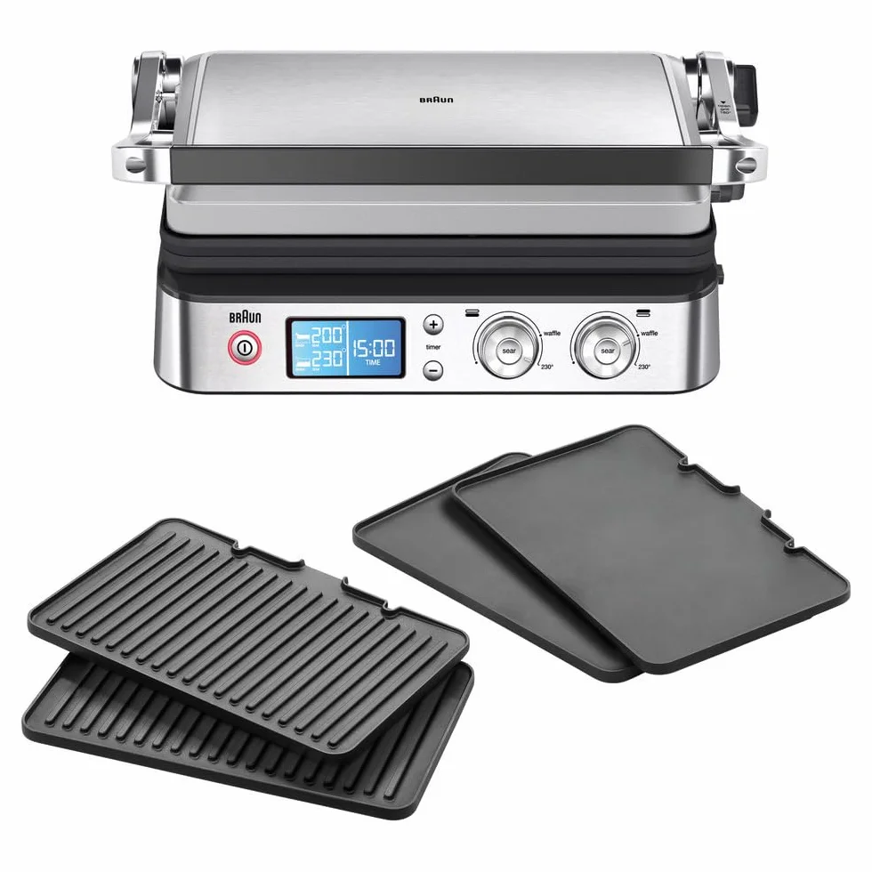Braun MultiGrill 9 CG 9043 Grill kontaktowy, w zestawie Płyty do grillowania i płaskiego, pozycje grilla: kontakt, grill, piekarnik, płyty odporne na zmywarkę, pojemnik na tłuszcz, maksymalna