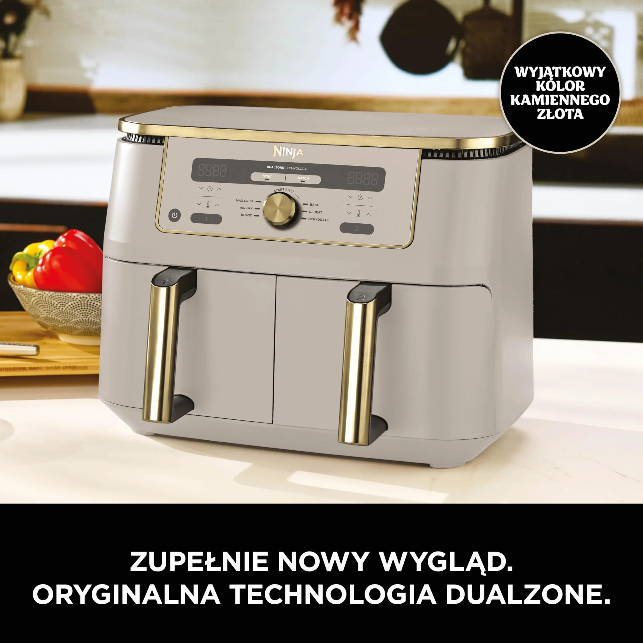 Ninja MAX Dwustrefowa frytkownica, 2 szuflady, 9,5 l, zero oleju, Air Fry, Max Crisp, Roast, Bake, Reheat, Dehydrate, nieprzywierające kosze do mycia w zmywarce, Złoty odcień kamienia, DZ400EUSTGD
