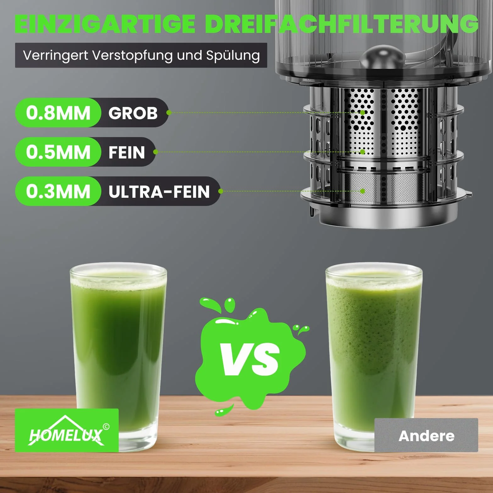 HOMELUX Sokowirówka 220 W Slow Juicer 126 mm otwór wlotowy do całych warzyw i owoców