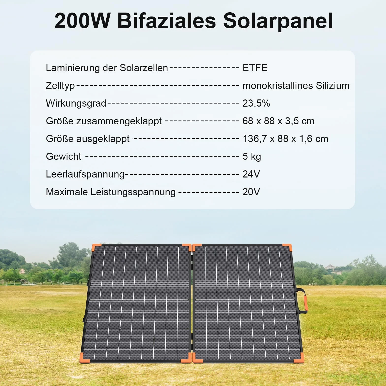 Przenośny panel słoneczny 200 W, dwufazowa składana ładowarka solarna, 23,5% wysoka sprawność dla elektrowni, wodoszczelność IP68 z 2 stabilnymi podpórkami do samochodów kempingowych