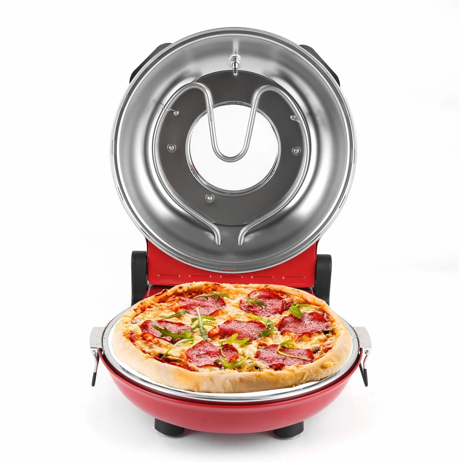 Klaif Elektryczny Piec do Pizzy, Termometr Widoczny & Szklane Okno, Ekspresowa 4-minutowa Piec do Pizzy z Kamieniem Ceramicznym 31cm, 5 Ustawień Temperatury (max 420°C), 1200W, LM-Czerwony