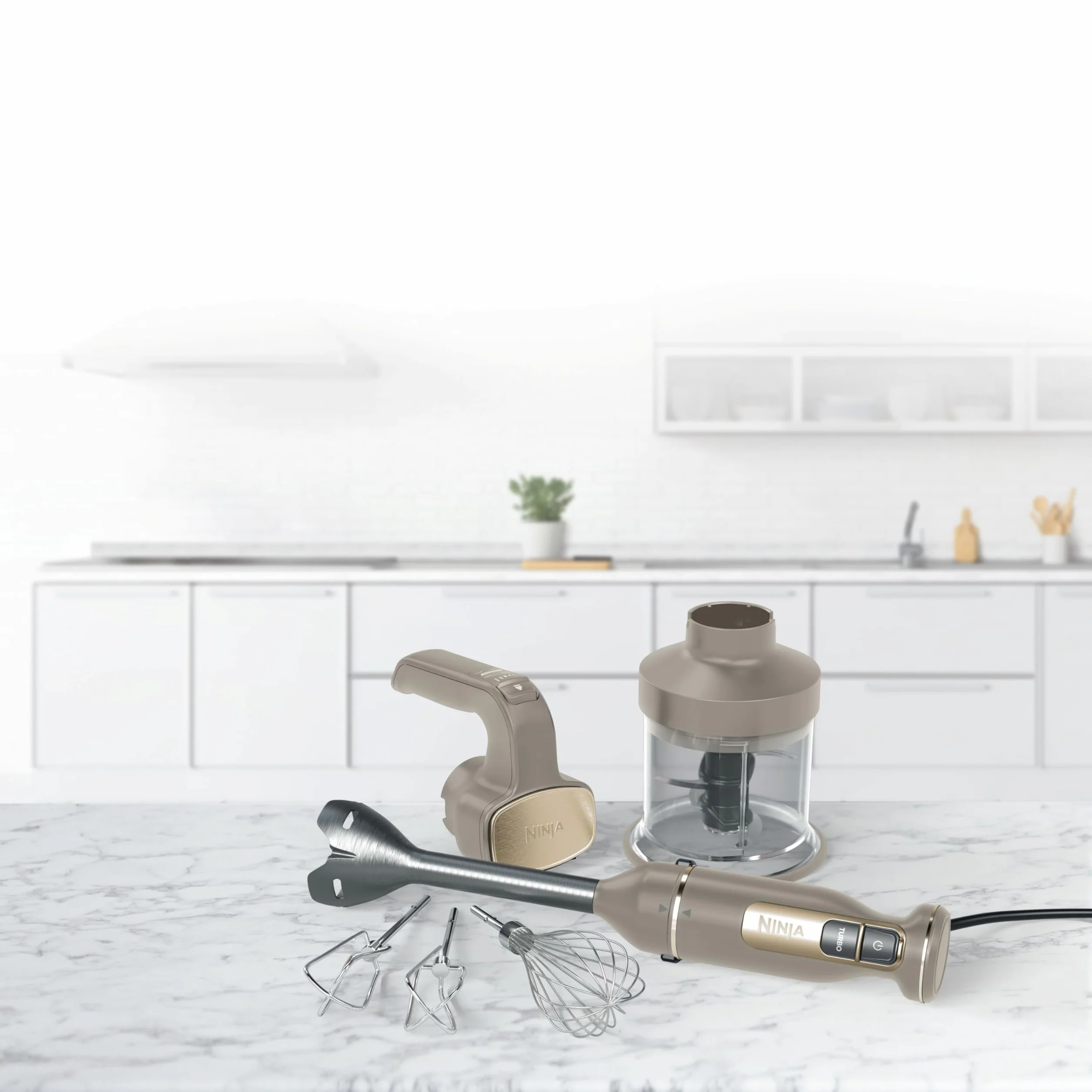 Ninja Foodi blender 3w1 blender ręczny, mikser ręczny i siekacz ręczny, powolny start, 2 prędkości mieszania i 5 rozdrabniania, miksowania, wyrabiania, 850 W, kamienne złoto CI100EUSTGD