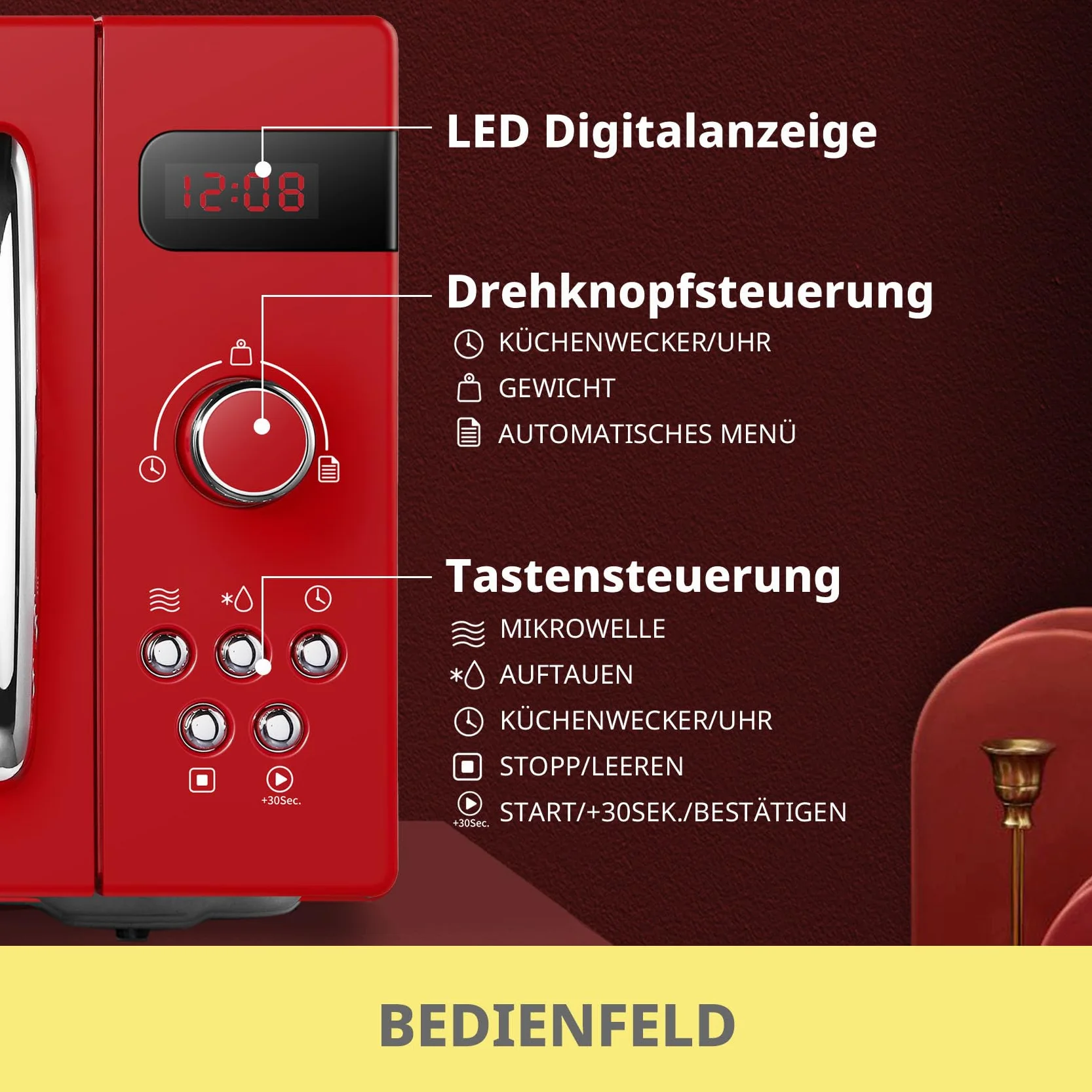 COMFEE' CMSRO 20 x RD Retro Mikrowelle z 8 automatycznymi przyciskami, 5 stopni Celsjusza, 20 l, 800 W, obrotowy obrotowy