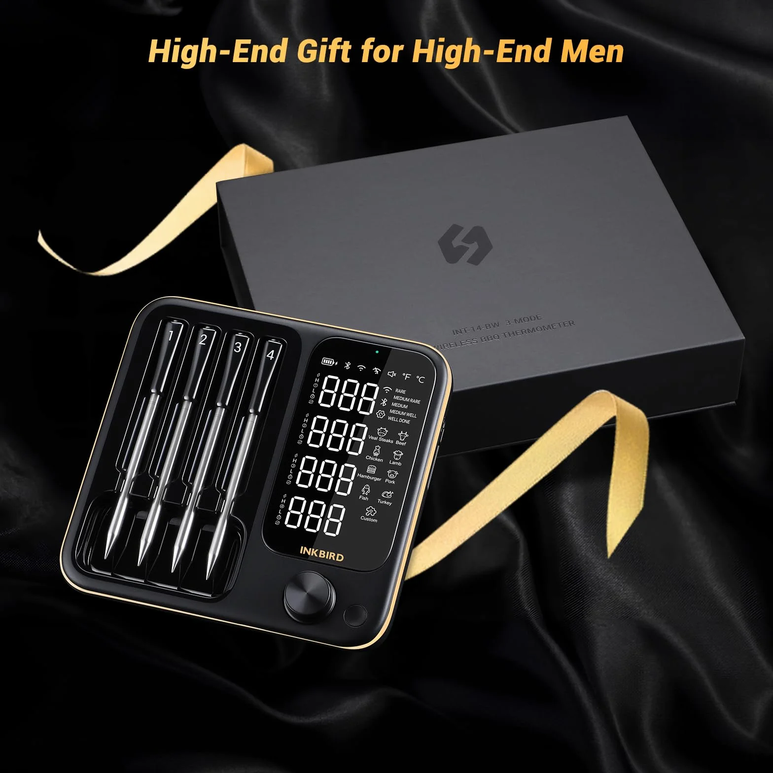 Inkbird INT-14-BW bezprzewodowy termometr do mięsa, inteligentny termometr do grilla, WiFi 2,4 G, sygnał Bluetooth 5.4, 91 m, termometr do piekarnika, grilla, wędzarni, piekarnika