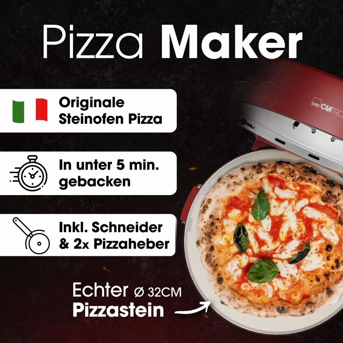 Clatronic® piec do pizzy | 350°C p. włoska pizza z kamienia w domu | elektryczny | również do mrożonej pizzy | pizza w mniej niż 5 min. | kamień do pizzy Ø32 cm i akcesoria w zestawie | PM 3787