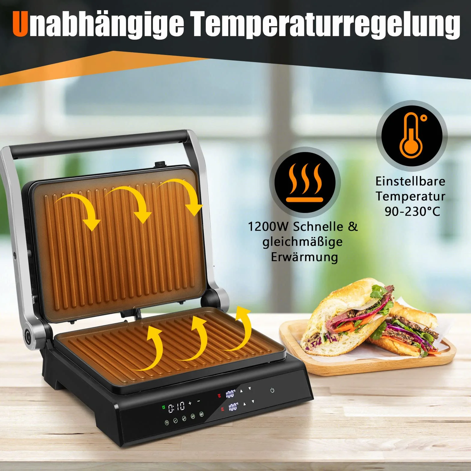 COSTWAY Opiekacz do kanapek 3 w 1, grill kontaktowy 1800 W, gofrownica, 2 wyjmowane płyty nieprzywierające, niezależne i dokładne ustawienie temperatury, 90°C - 230°C, akcesoria łatwe do czyszczenia