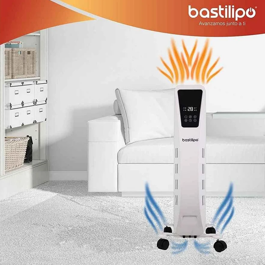 Bastilipo Fenix 2-1500 - Grzejnik olejowy - moc 1500W - Ekran dotykowy LED - 3 poziomy mocy - Efekt kominka - 7 elementów, Biały