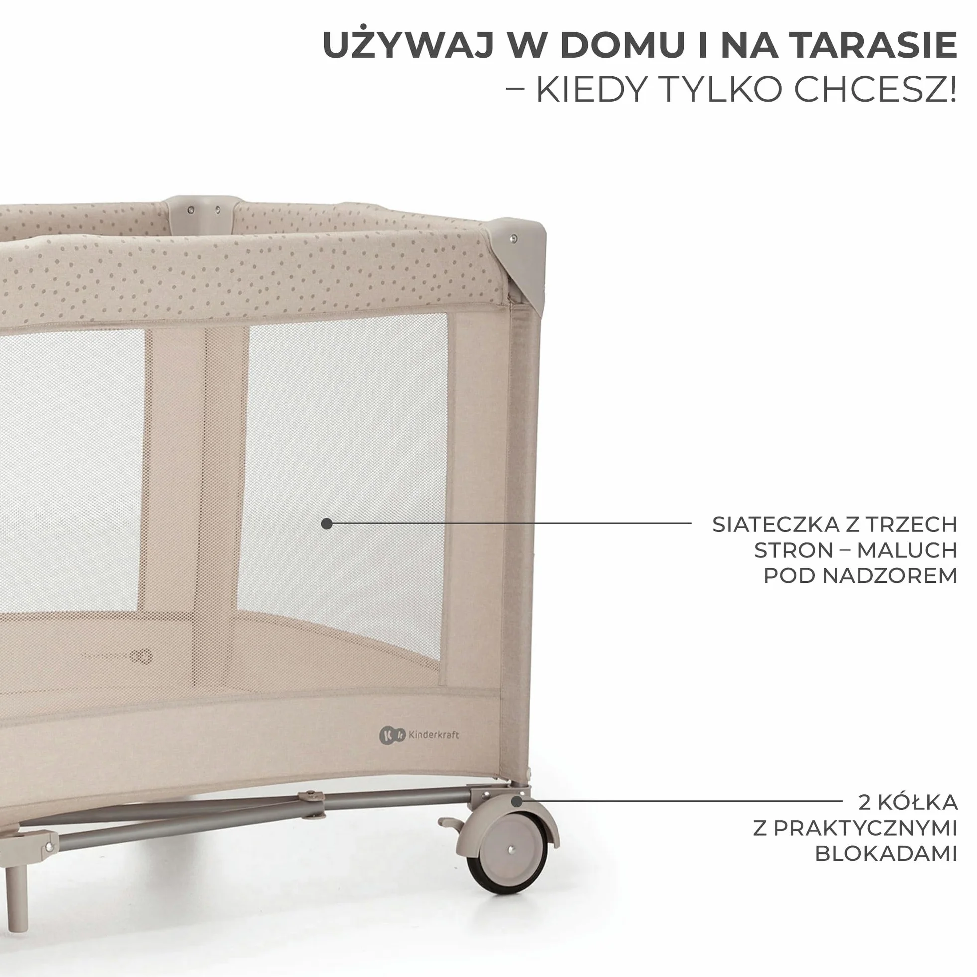 Kinderkraft JOY ACC 2 Łóżeczko turystyczne 3 w 1, Boczne wejście, Beżowy