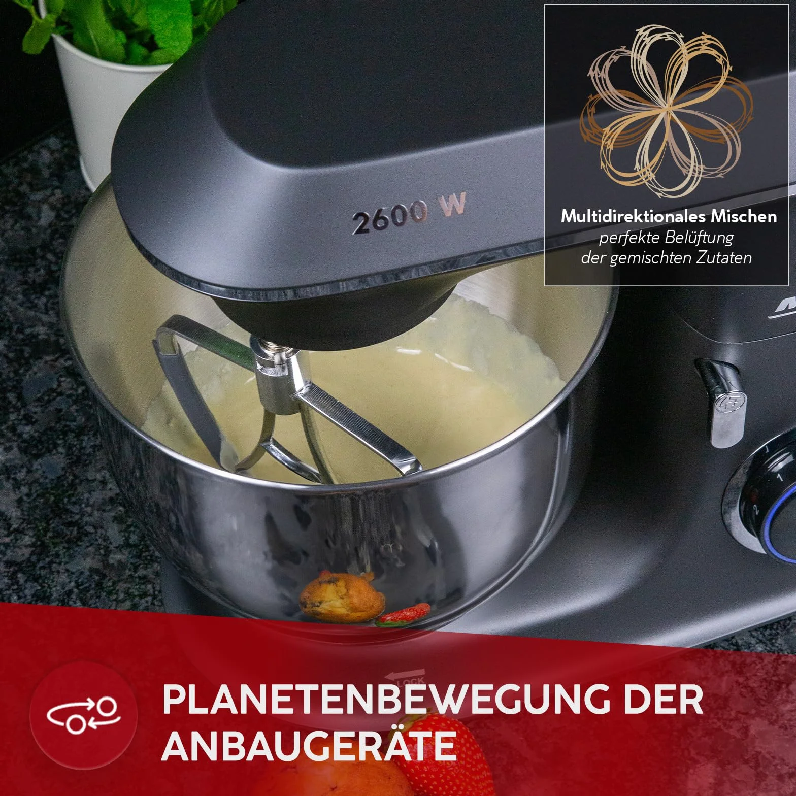 MPM Planetarny robot kuchenny z akcesoriami, mikser kuchenny z dwiema miseczkami do mieszania 7 l, robot kuchenny, 2600 W, antracyt