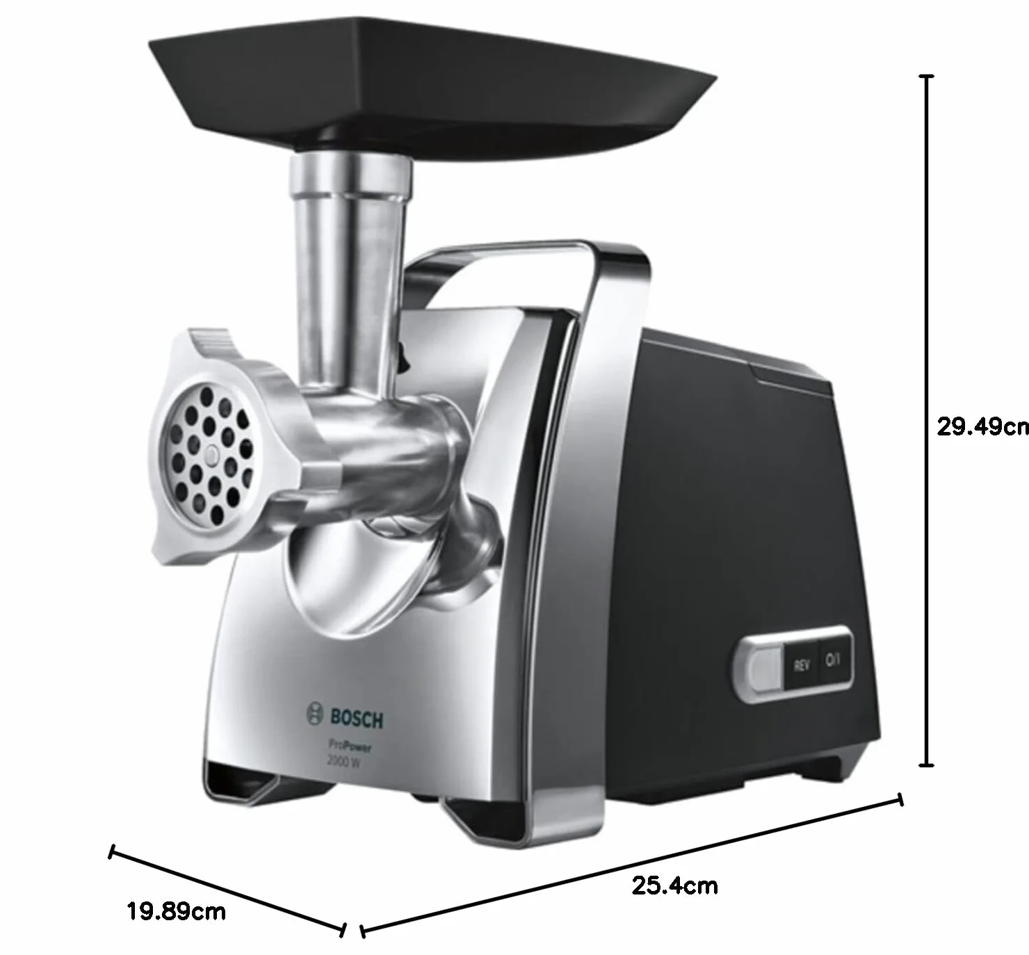 Bosch ProPower, maszynka do mielenia, wydajny silnik 2000 W, wydajna komora mielenia, sita ze stali szlachetnej, kolor czarny chrom, MFW67440