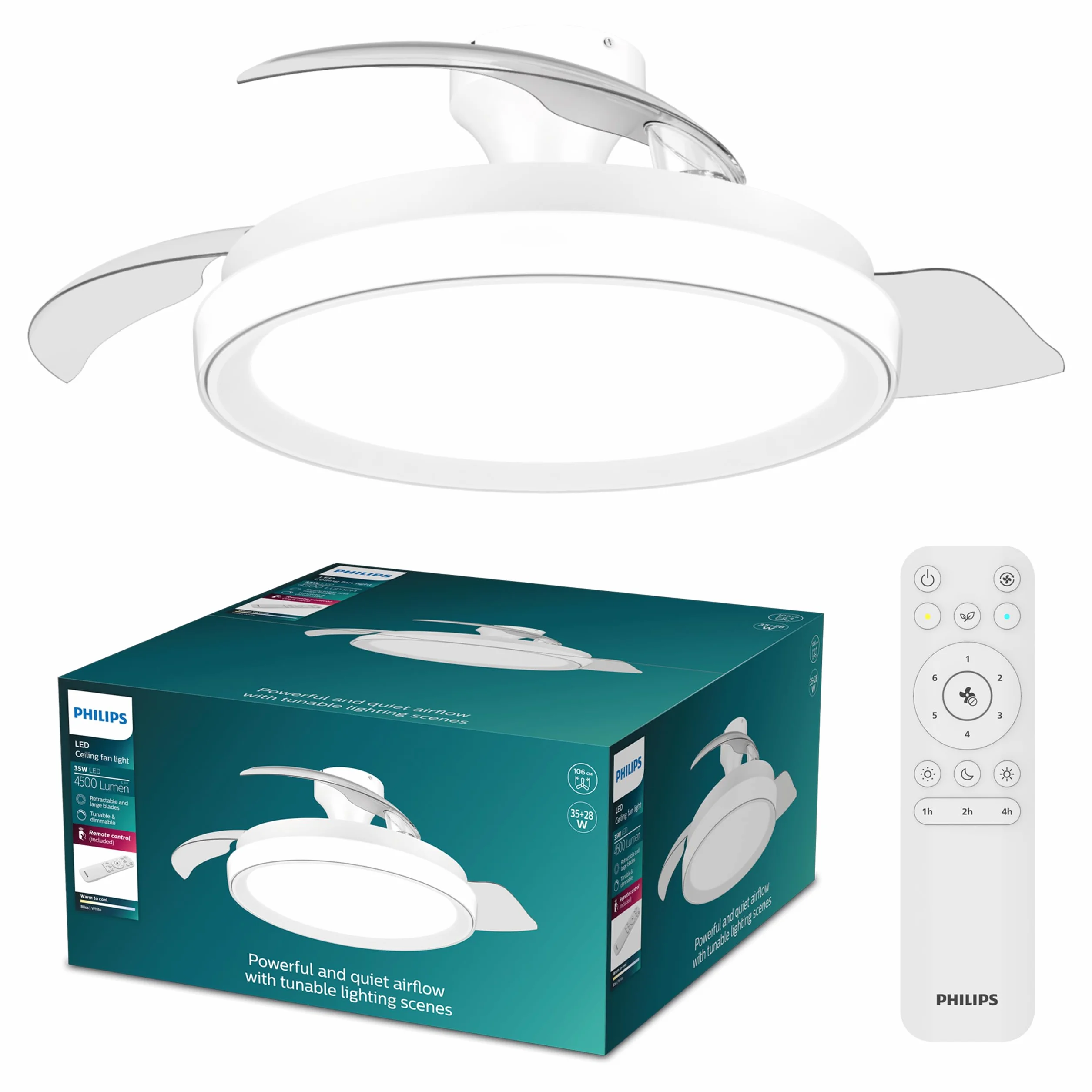 Chowany Wentylator Sufitowy Philips Bliss z Oświetleniem LED, 3 Łopatki, 106 cm, 4500 Lumenów, Regulowana Barwa 3000–6500 K, Przyciemnianie do 5%, Pilot, Biały