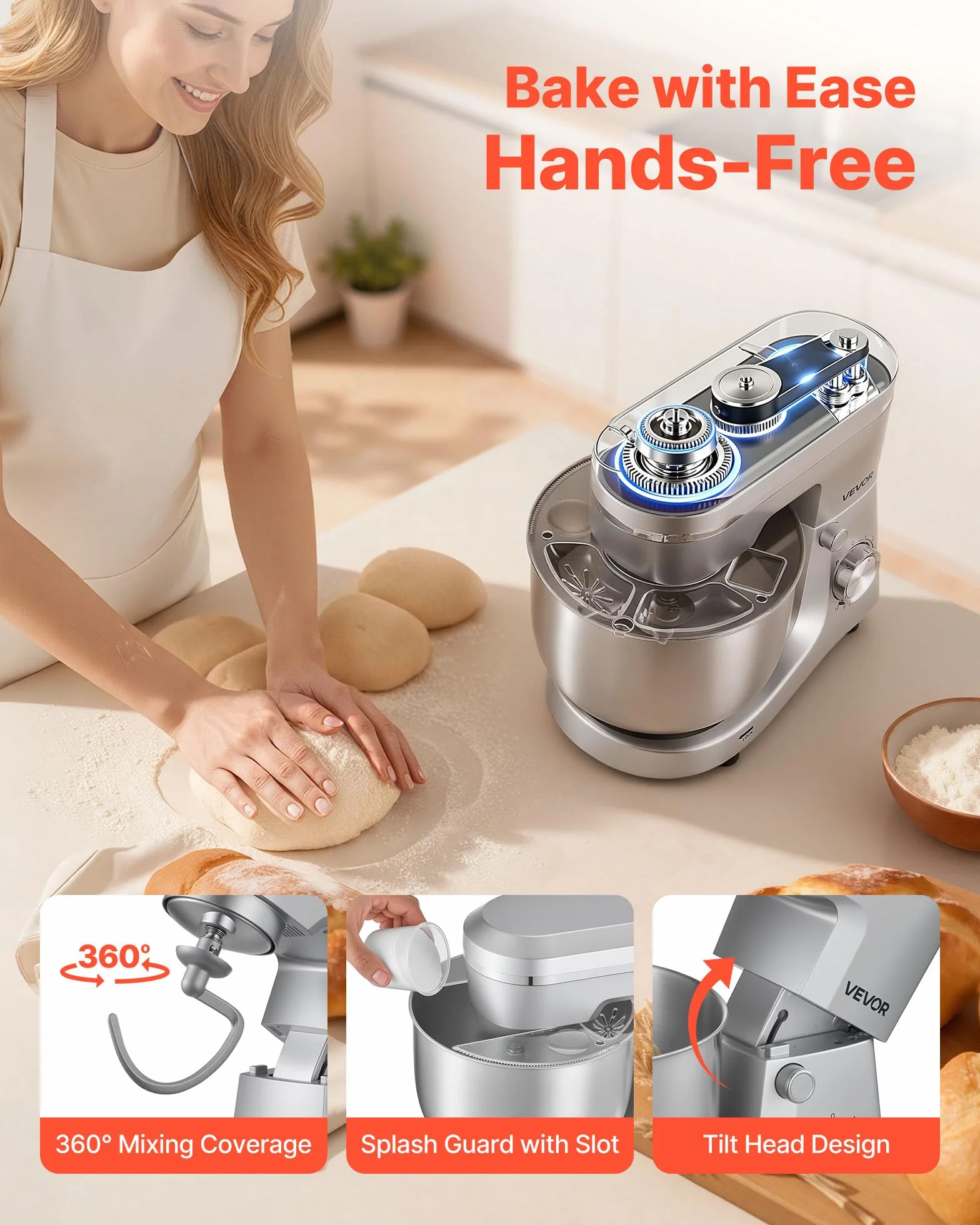VEVOR Regulowany blender stojący robot kuchenny 1500 W 5,7 l stal nierdzewna 10 prędkości
