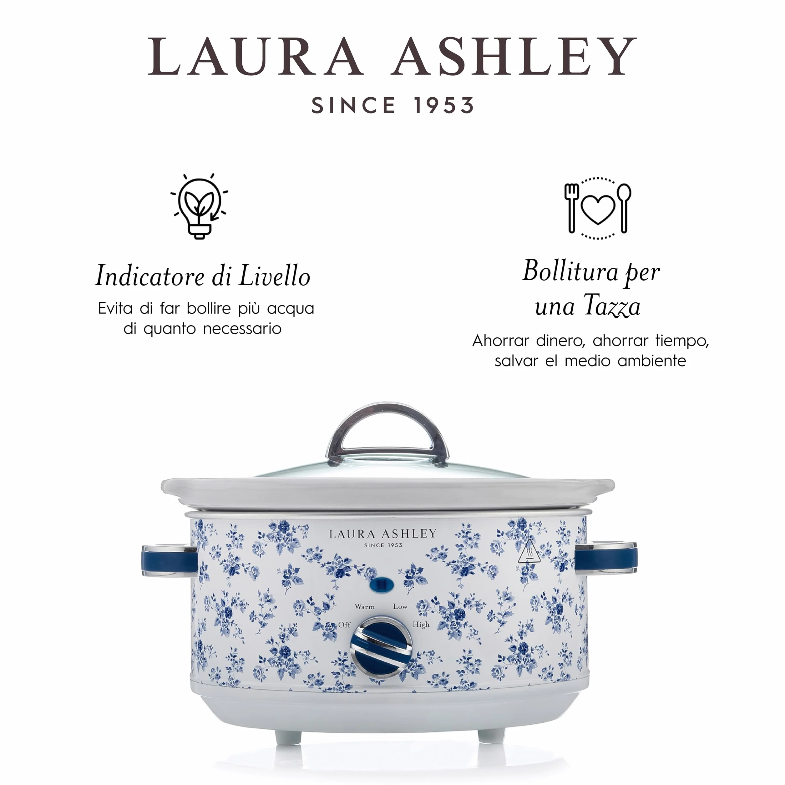 Wolnowar elektryczny Laura Ashley 6,5 Litra z Nadrukiem China Rose firmy VQ - Wolnowar dla 8 do 10 Osób, Energooszczędny, z 3 Ustawieniami Temperatury i Pokrywką ze szkła Hartowanego