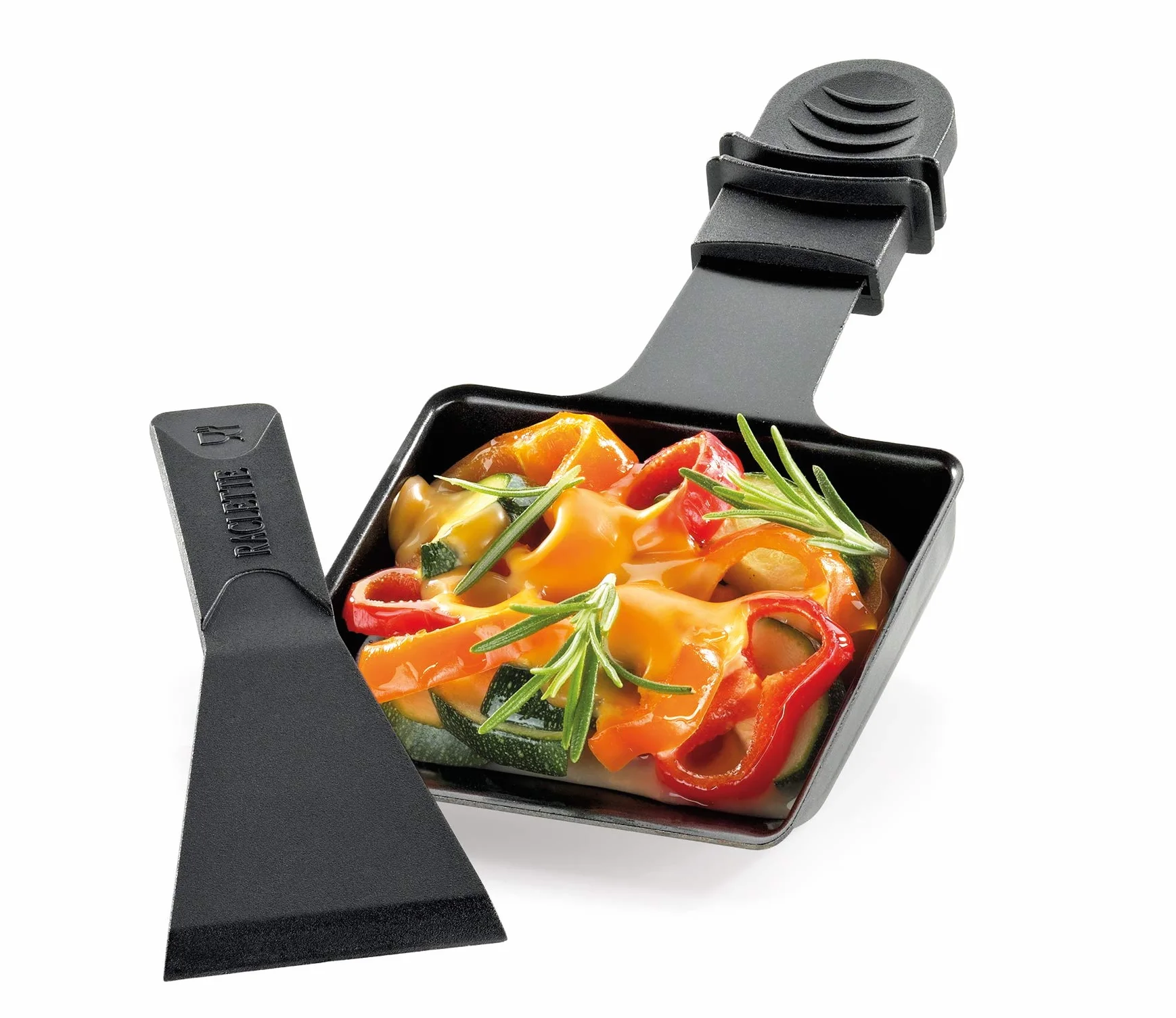 Küchenprofi Patelnie do raclette ze skrobakiem do raclette, zestaw 2 patelenek z powłoką zapobiegającą przywieraniu, uchwyty izolujące ciepło, 2 skrobaki, 9 × 9 cm; z uchwytem: 18 cm, do wielu