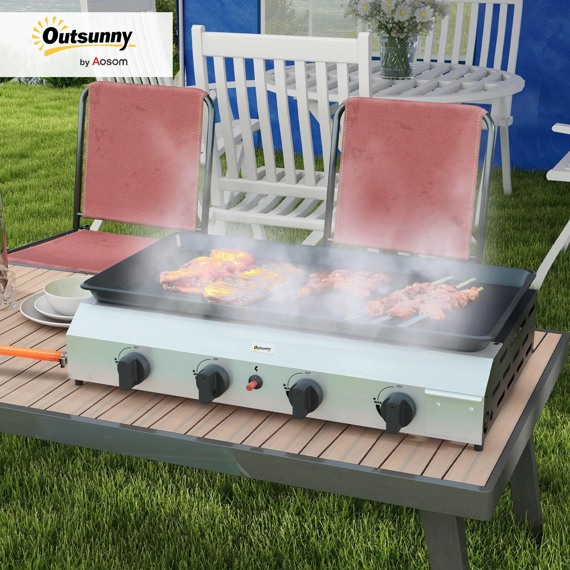 Outsunny Plancha gazowa ze stali nierdzewnej 4 palniki 9,6 kW nieprzywierająca 73x34 cm przenośna