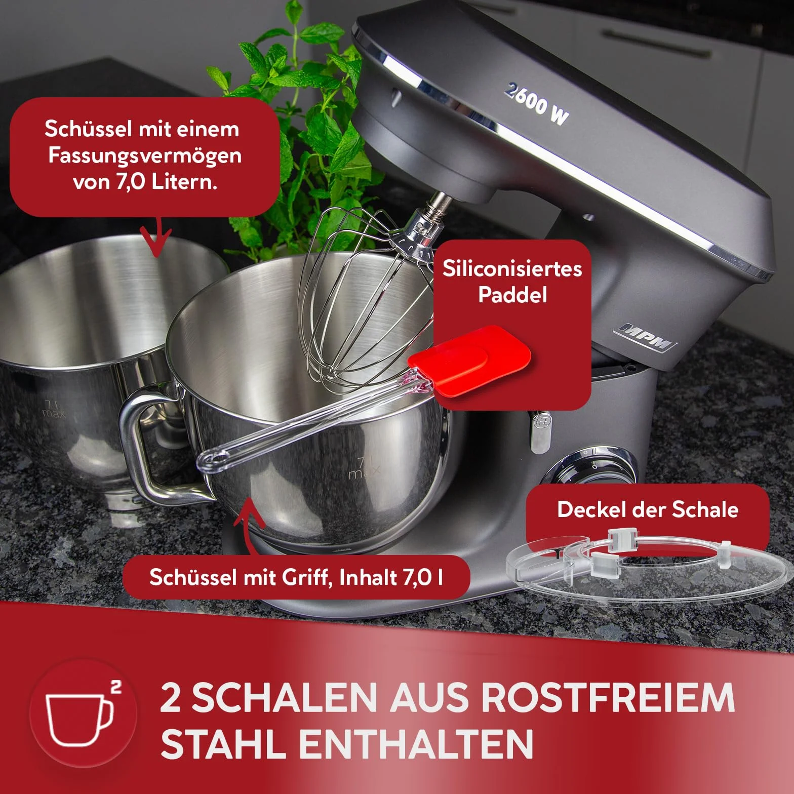MPM Planetarny robot kuchenny z akcesoriami, mikser kuchenny z dwiema miseczkami do mieszania 7 l, robot kuchenny, 2600 W, antracyt
